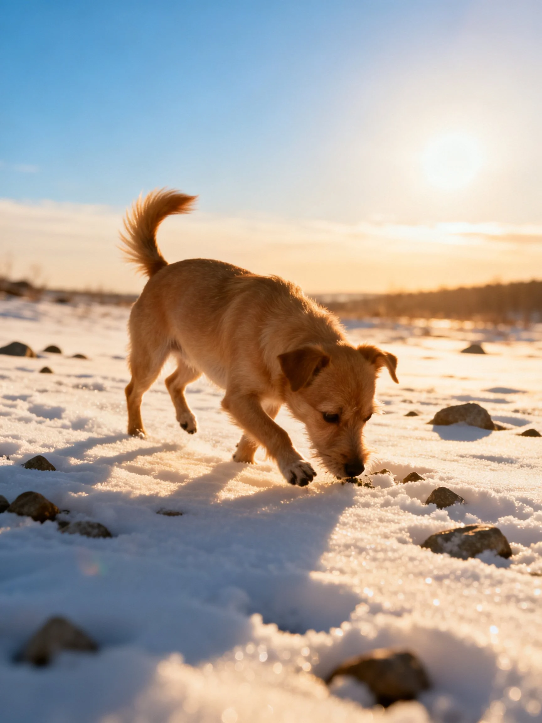 A tan dog investigates snow and rocks in a sunlit winter landscape.