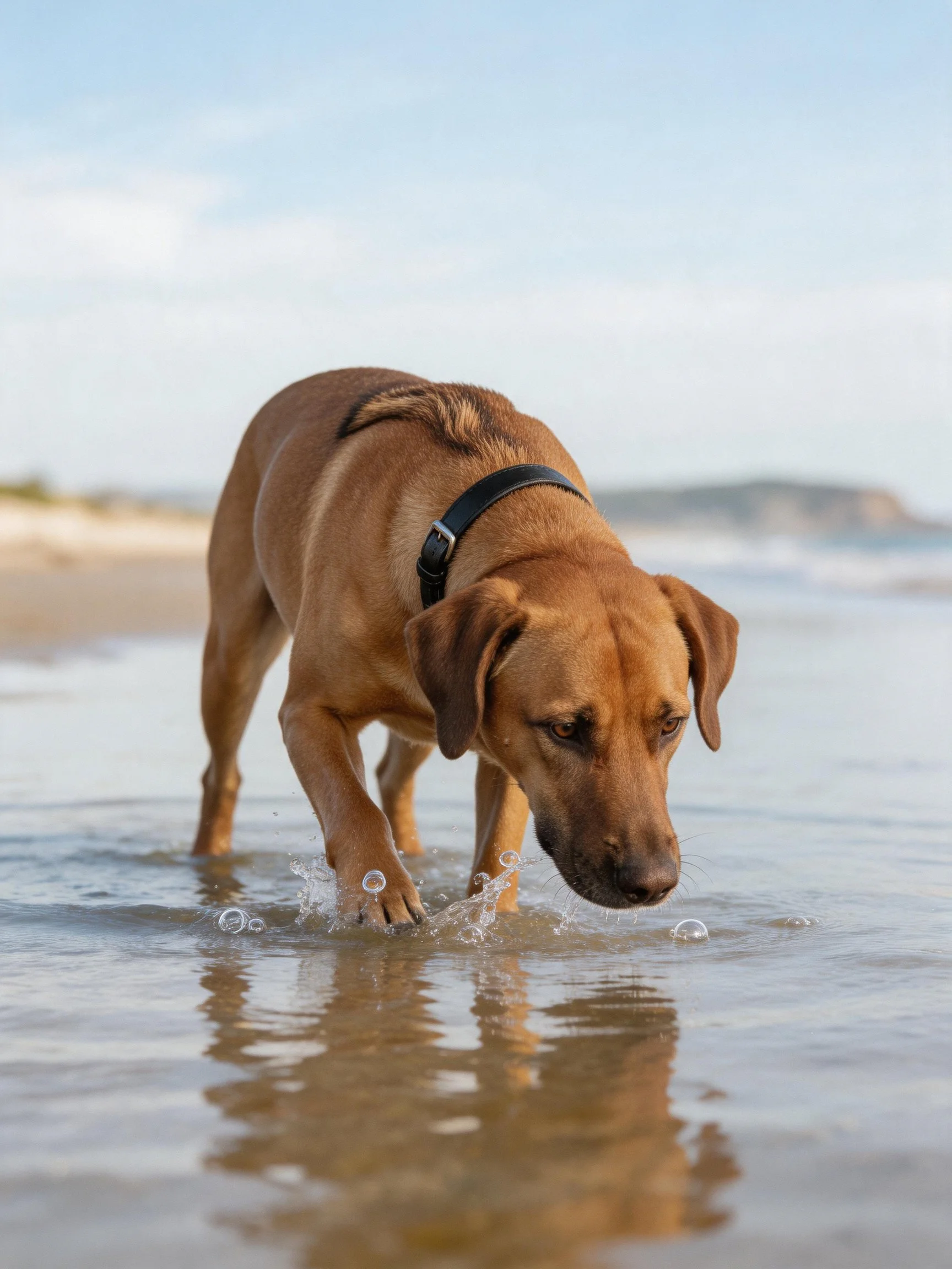 A tan dog explores shallow ocean water at the beach