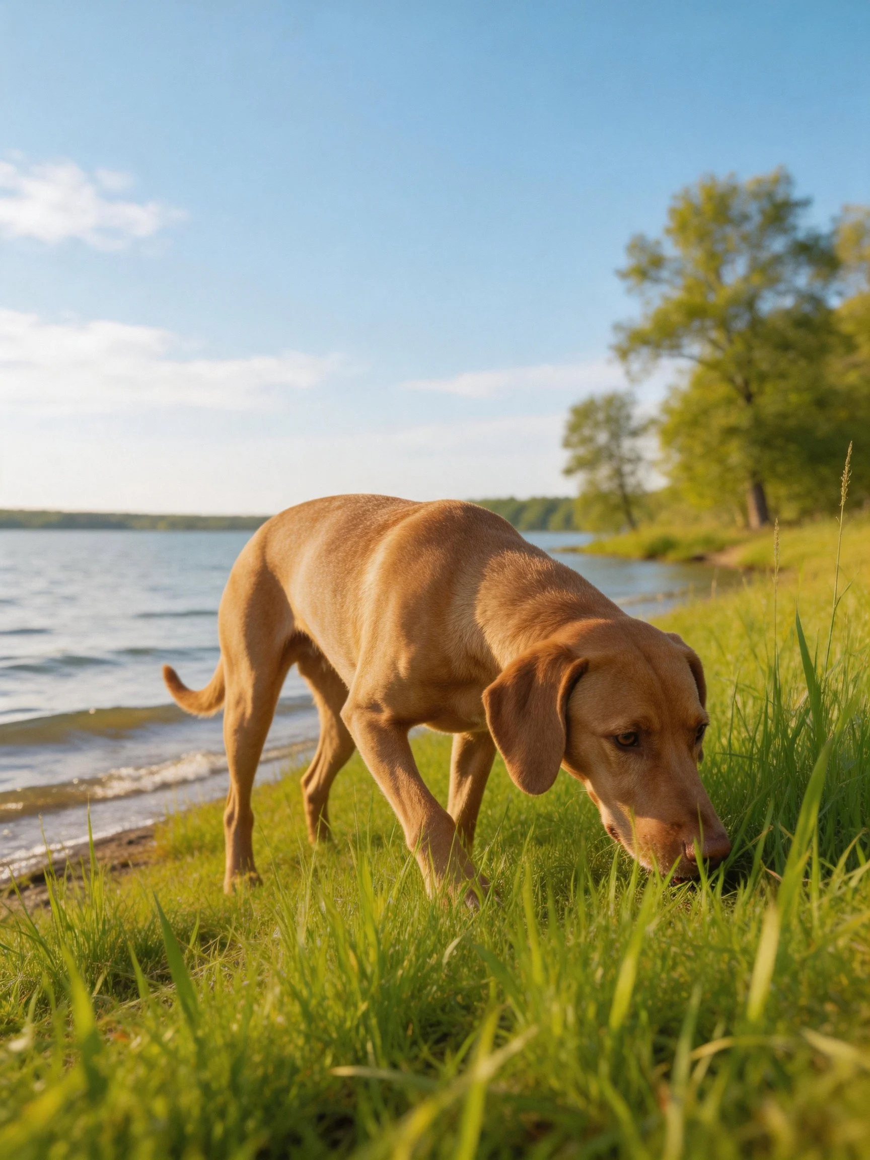 A tan dog explores tall green grass by calm waters edge