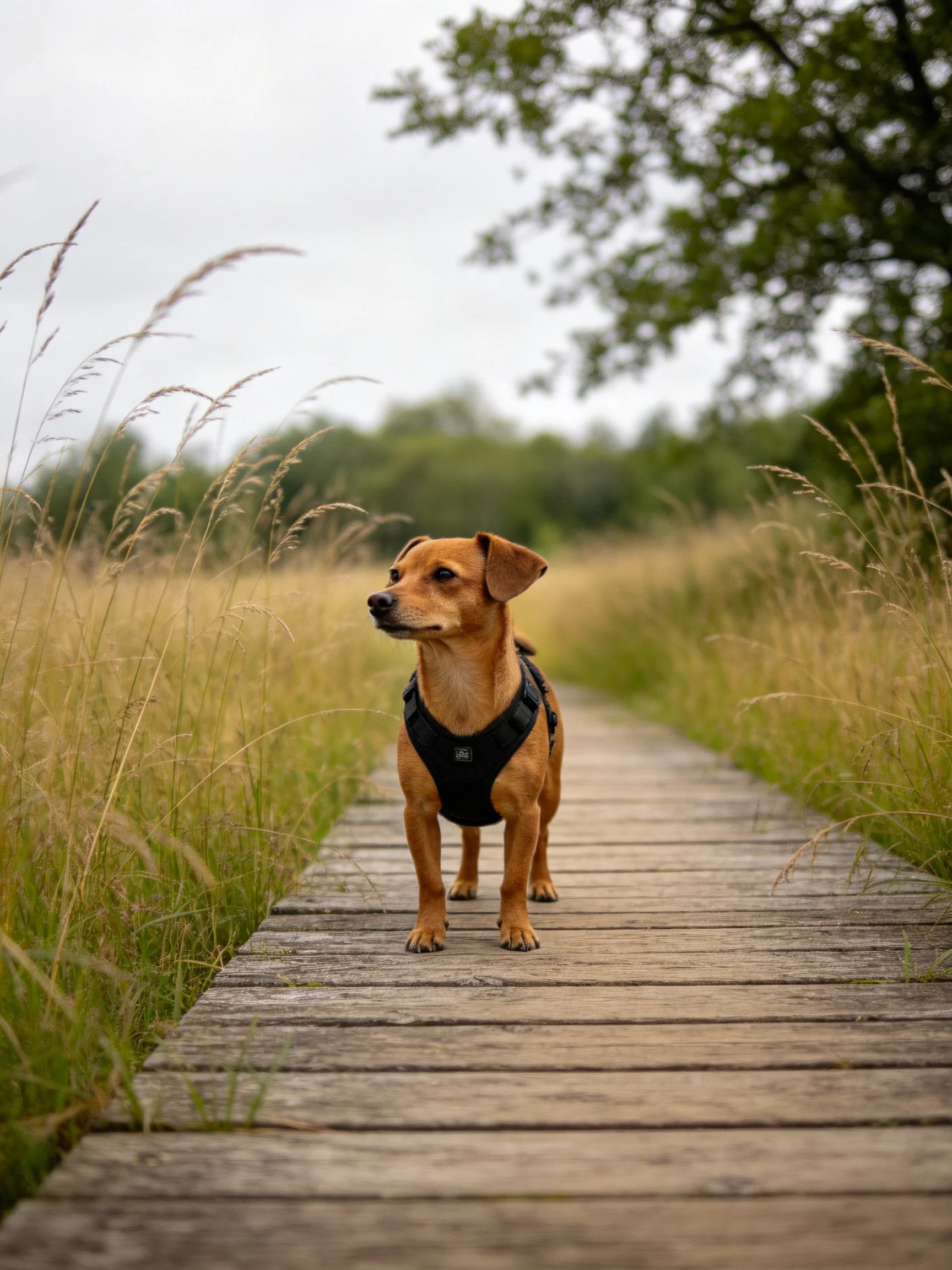 A tan dog in a black harness stands on a wooden path surrounded by tall grass.