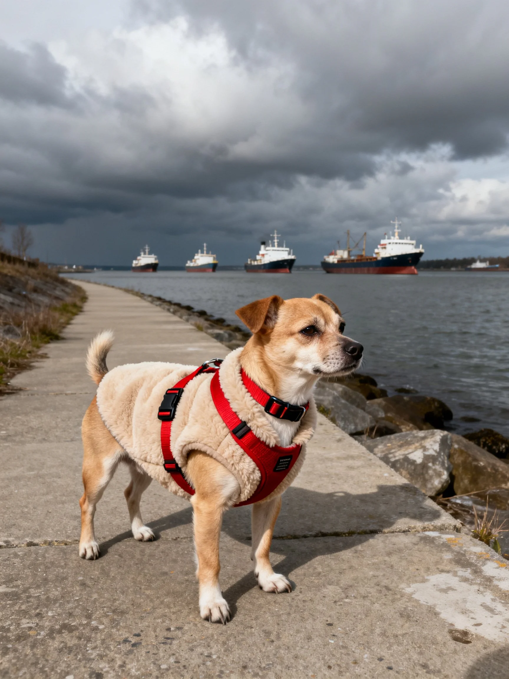 A small dog in a red harness stands on a waterfront path with ships in the distance under a stormy sky