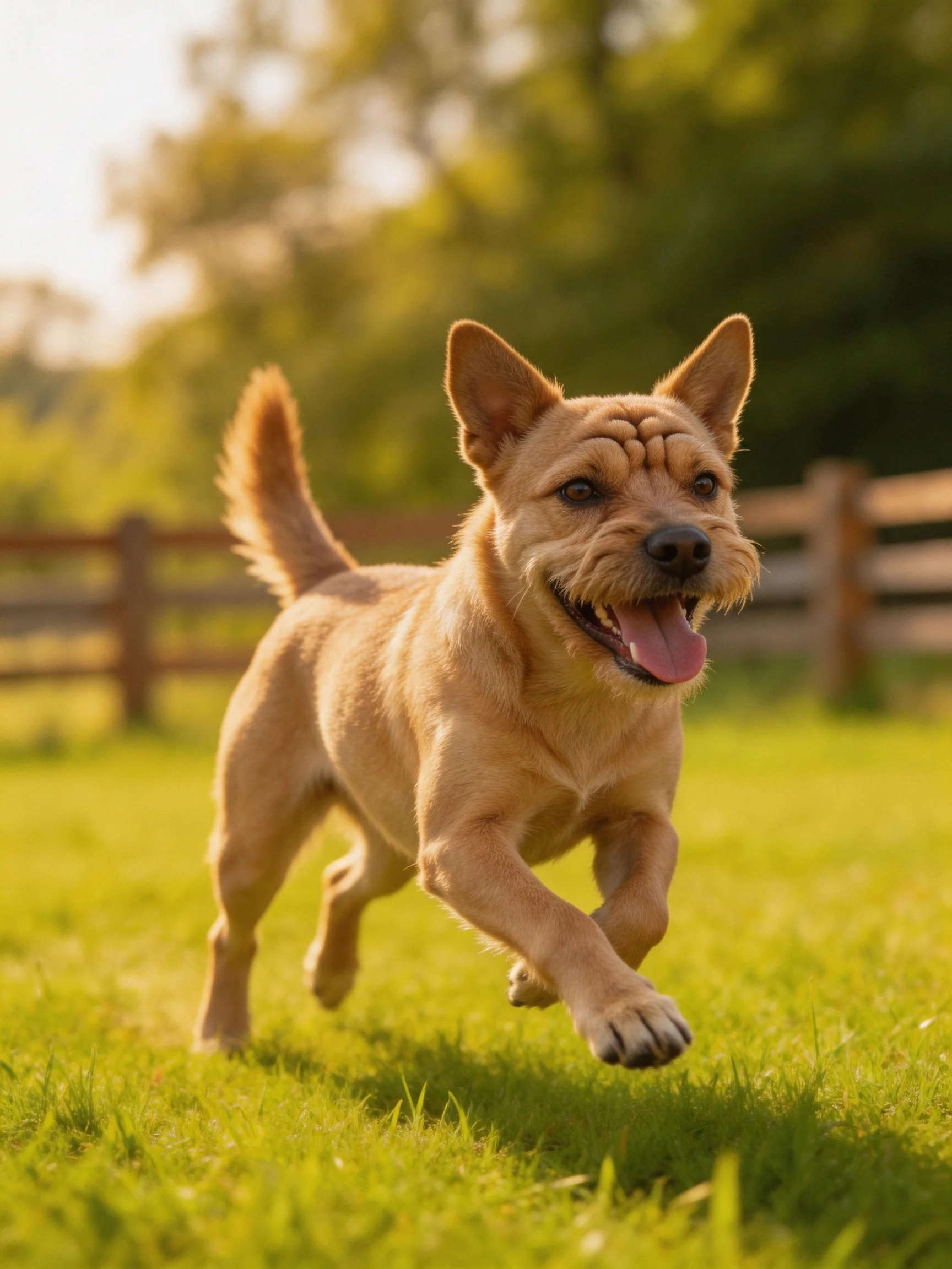 A tan dog runs joyfully on green grass near a wooden fence.