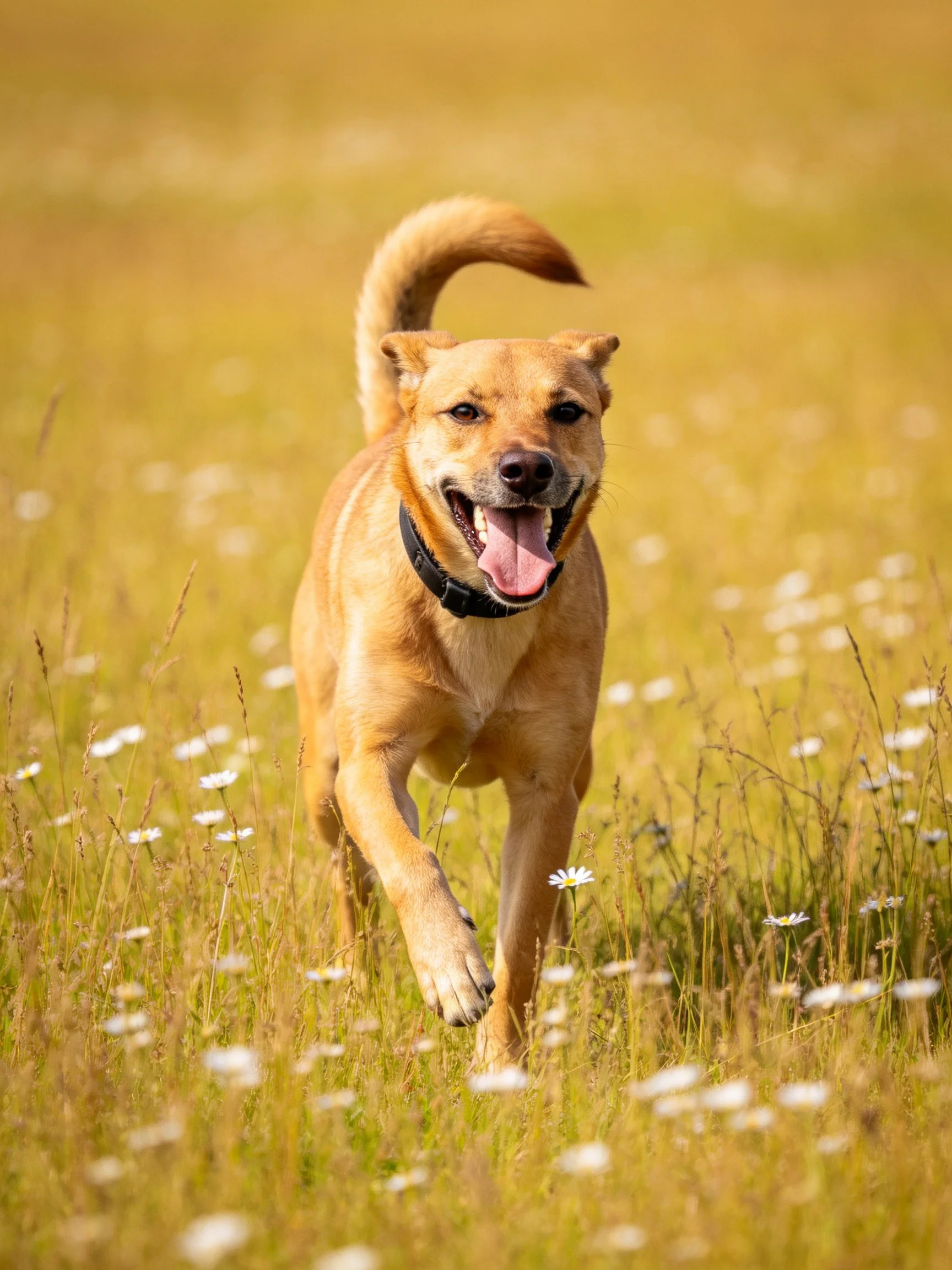 A tan dog joyfully runs through a flowered meadow