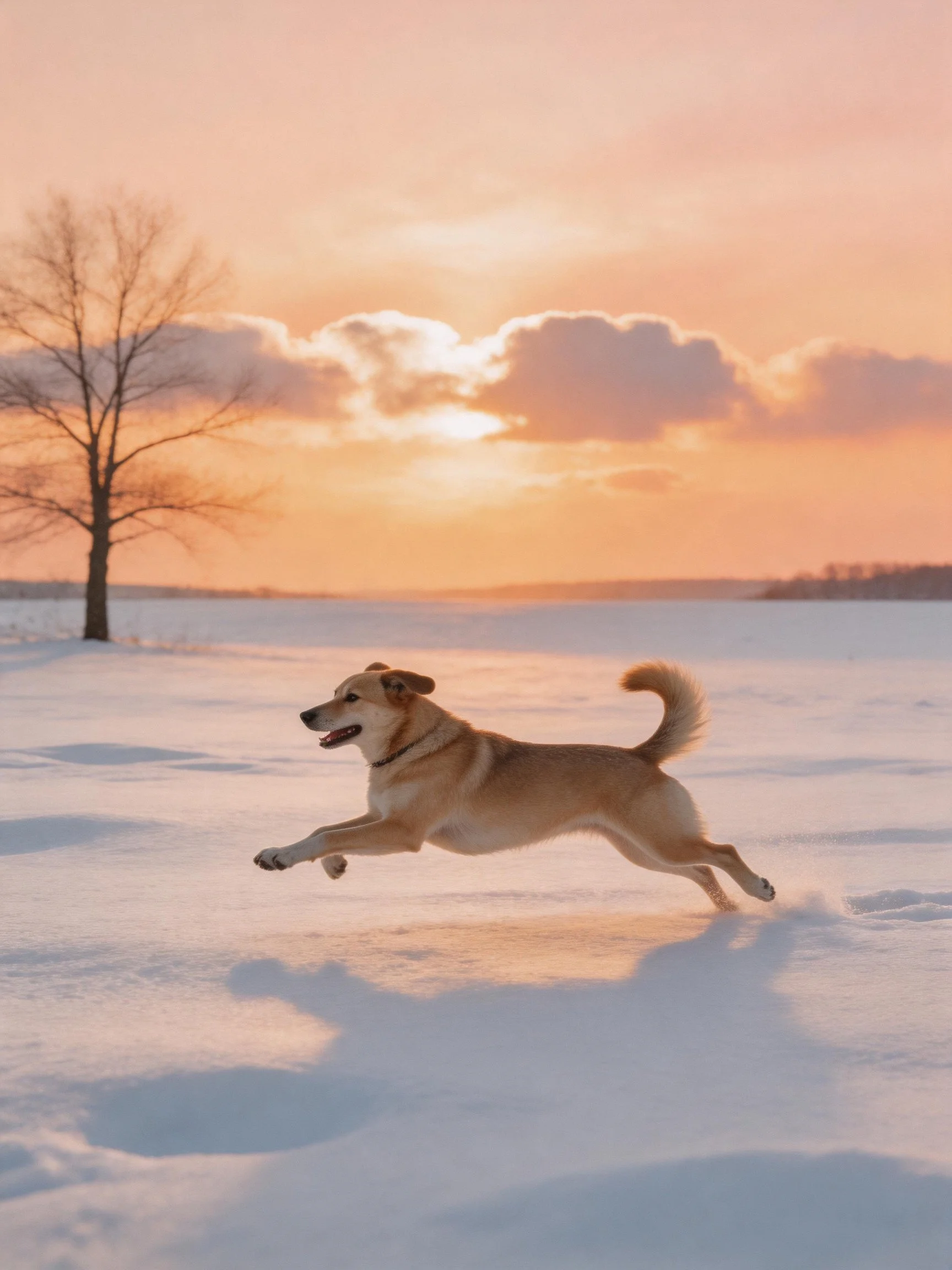 A tan dog leaps across snow under a golden sunset sky