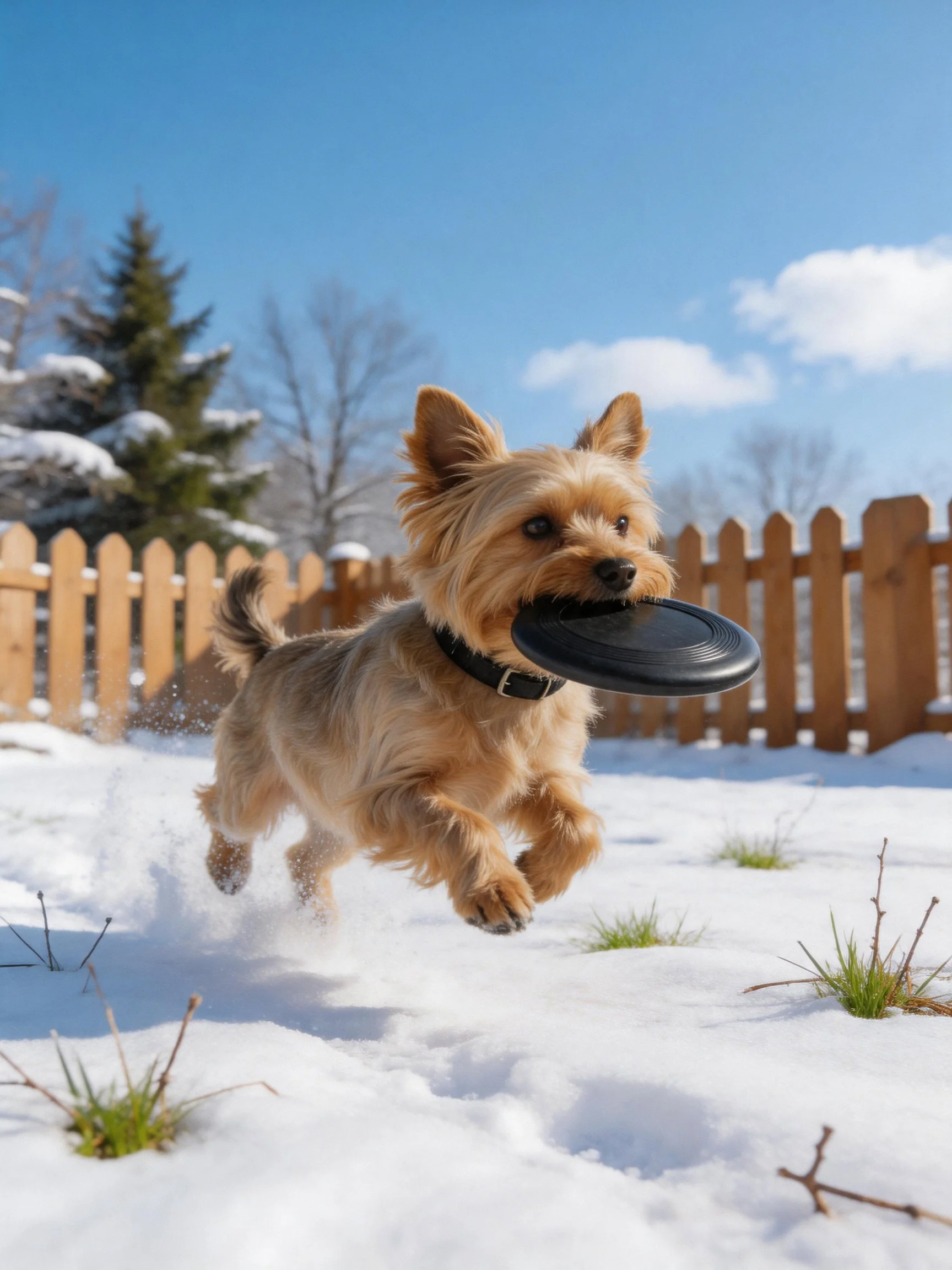 A tan dog leaps through snow carrying a black frisbee near a wooden fence