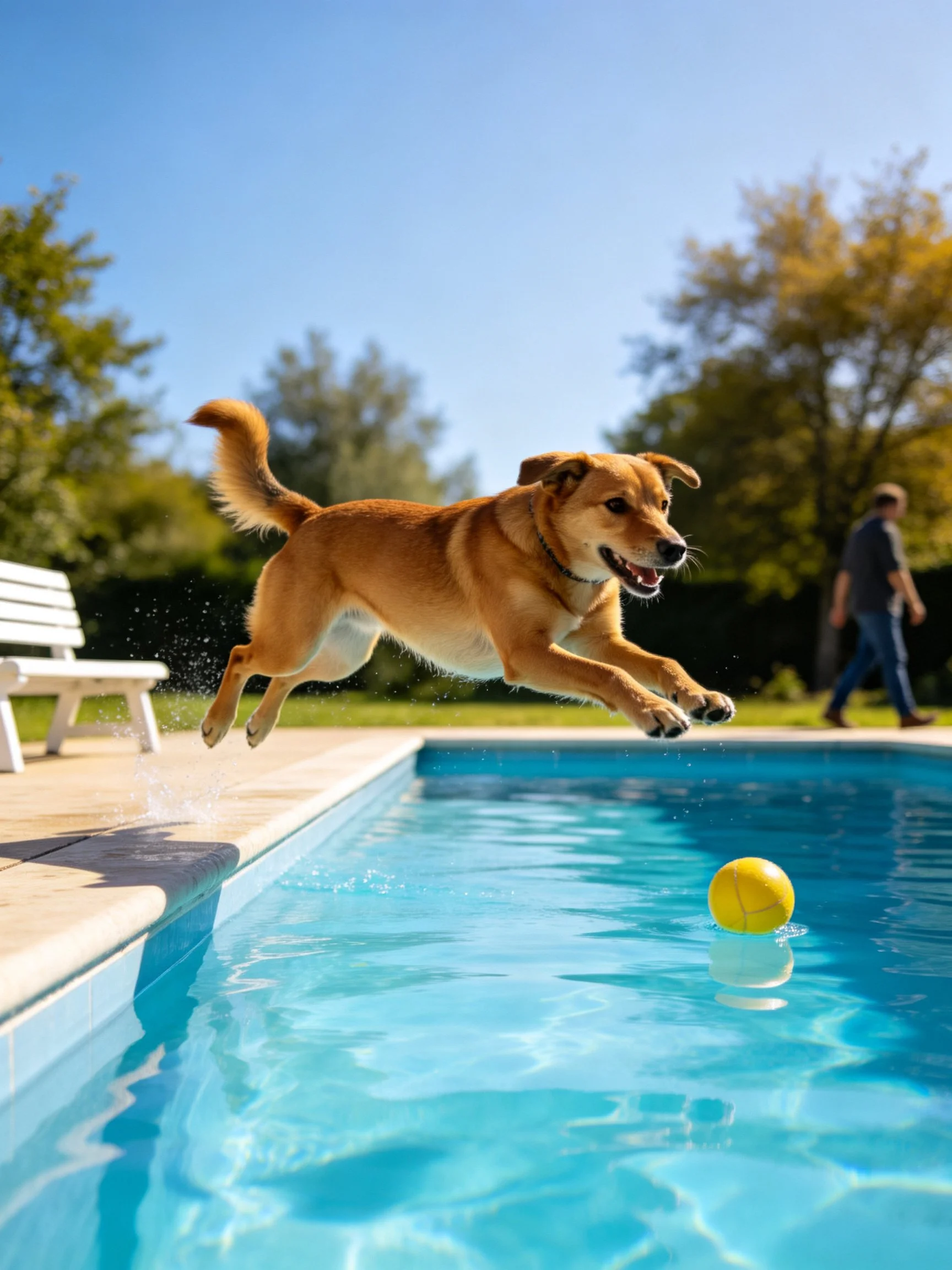 A tan dog leaps toward a yellow ball in a bright swimming pool