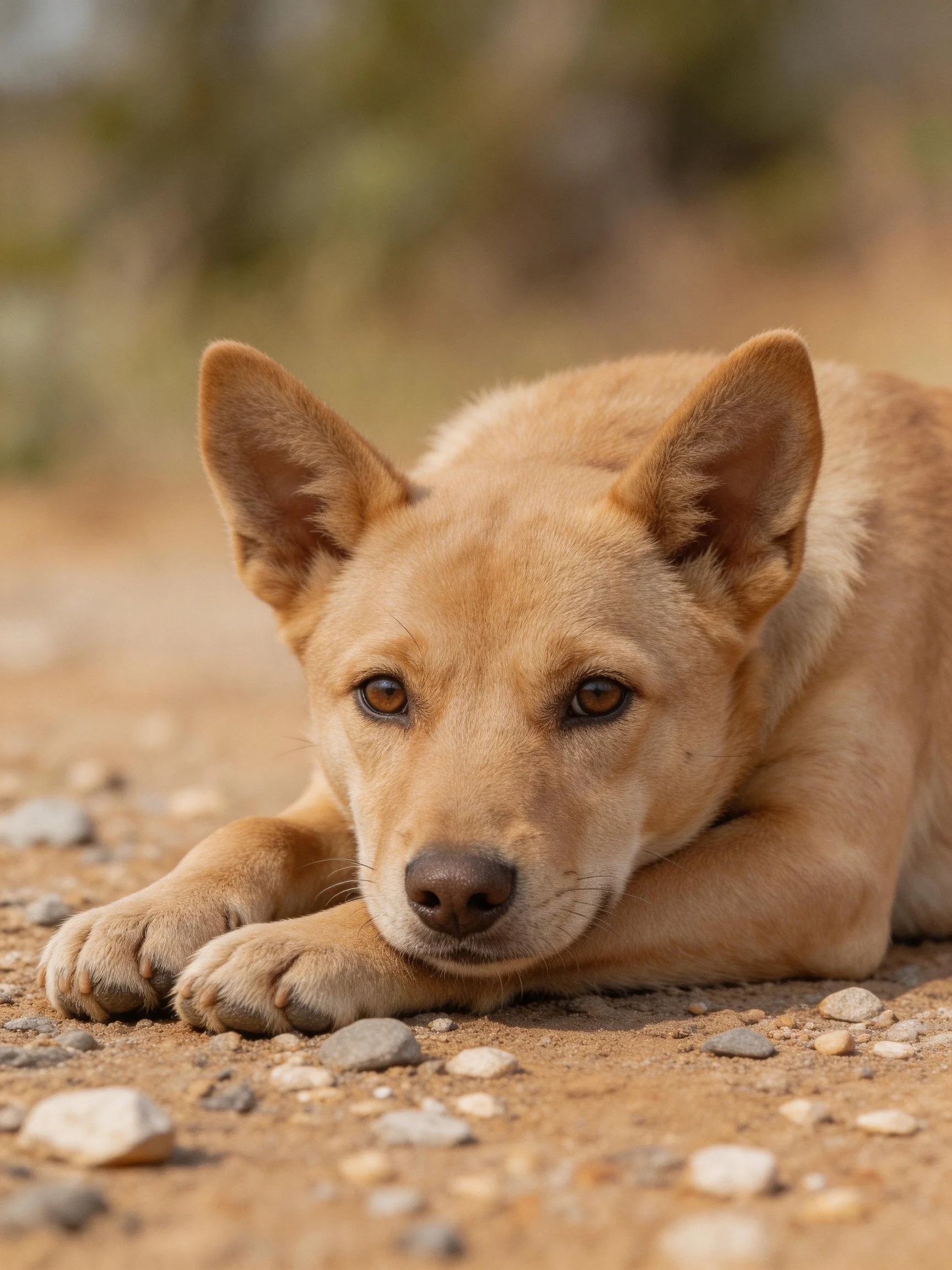 A tan dog lies on a gravelly dirt path with small stones