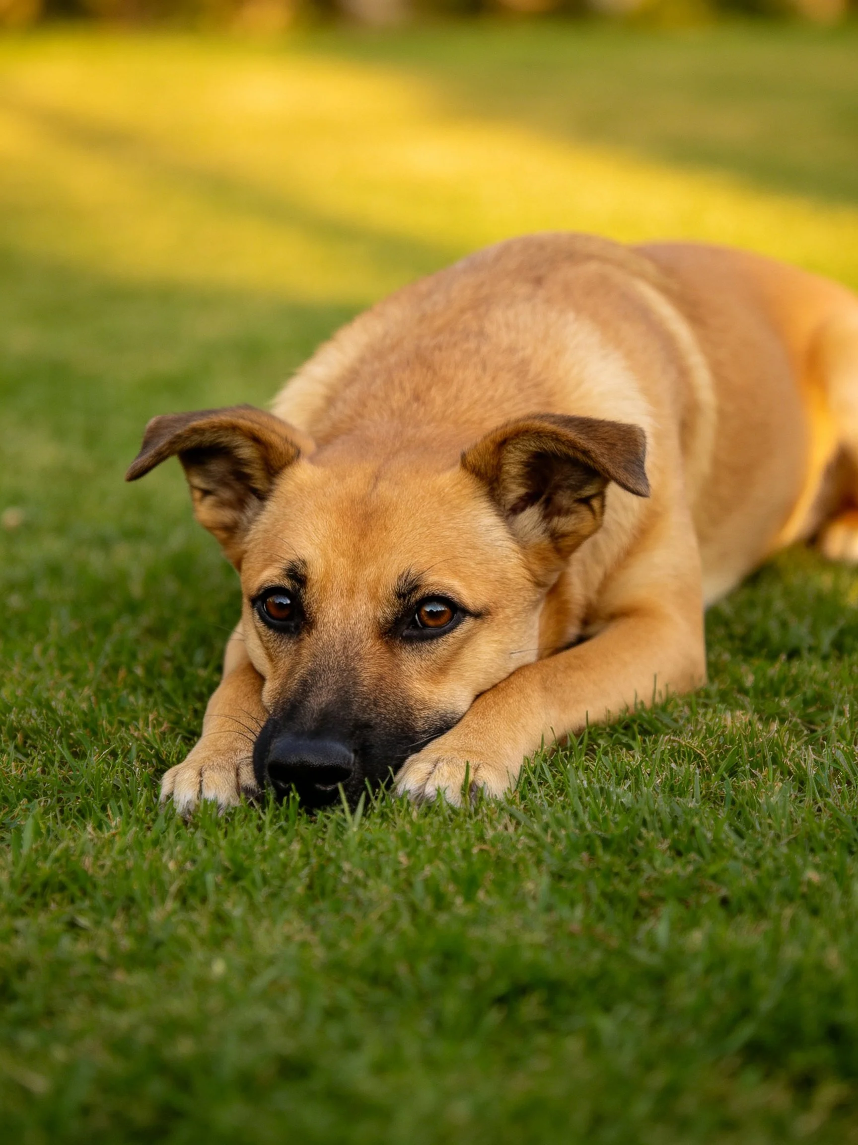 A tan dog rests on green grass in a sunlit outdoor area.