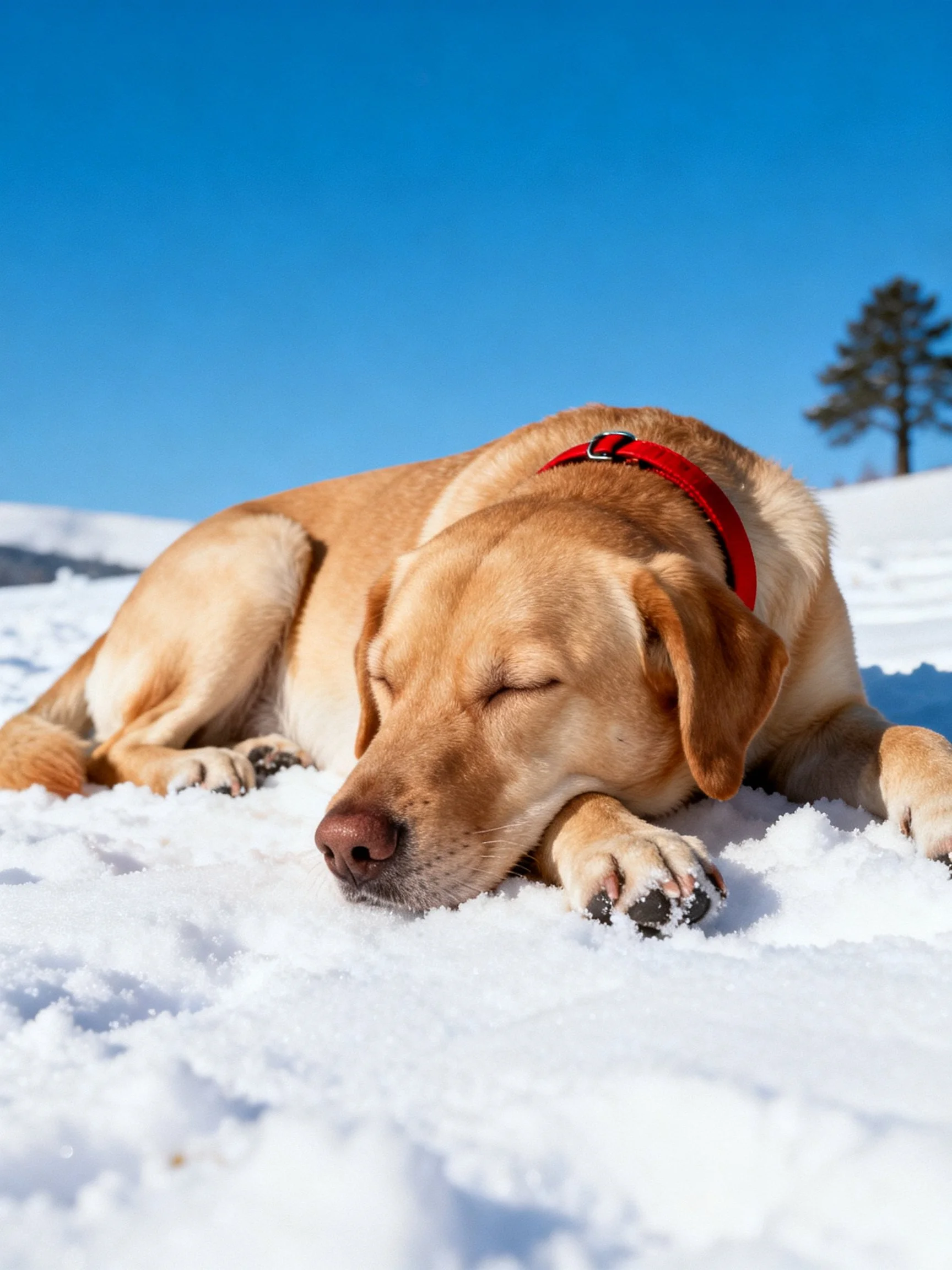 A tan dog sleeps peacefully on a snowy landscape.