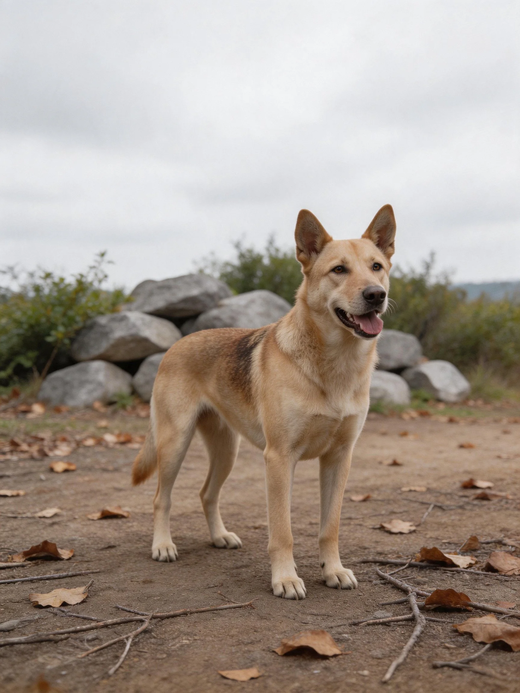 A tan dog stands on a dirt path with rocks and leaves nearby.
