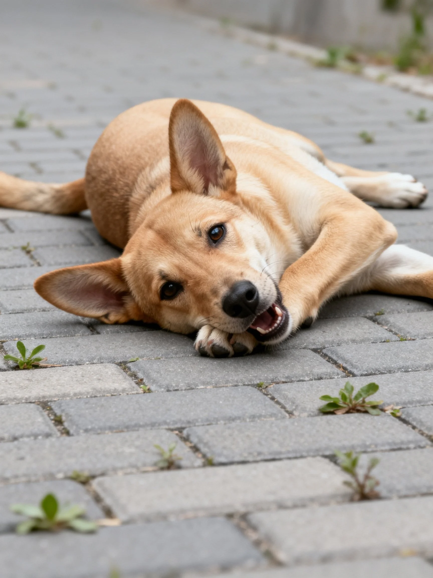A tan dog reclines on a brick-paved pathway with scattered vegetation.