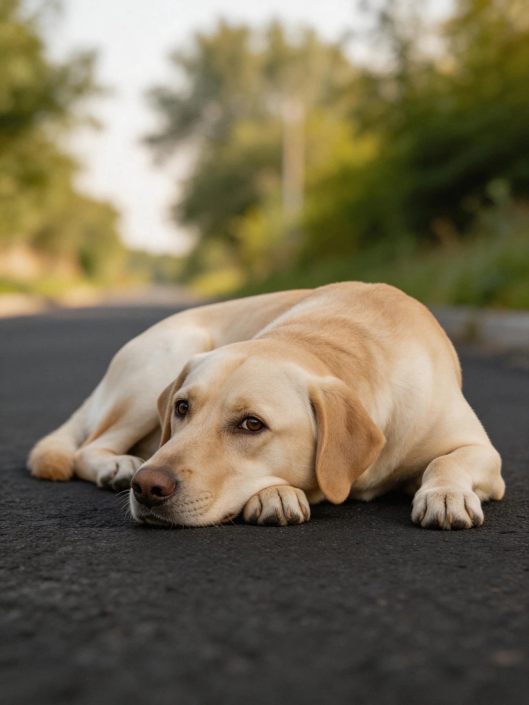 A tan dog resting on a black asphalt road with greenery in the distance