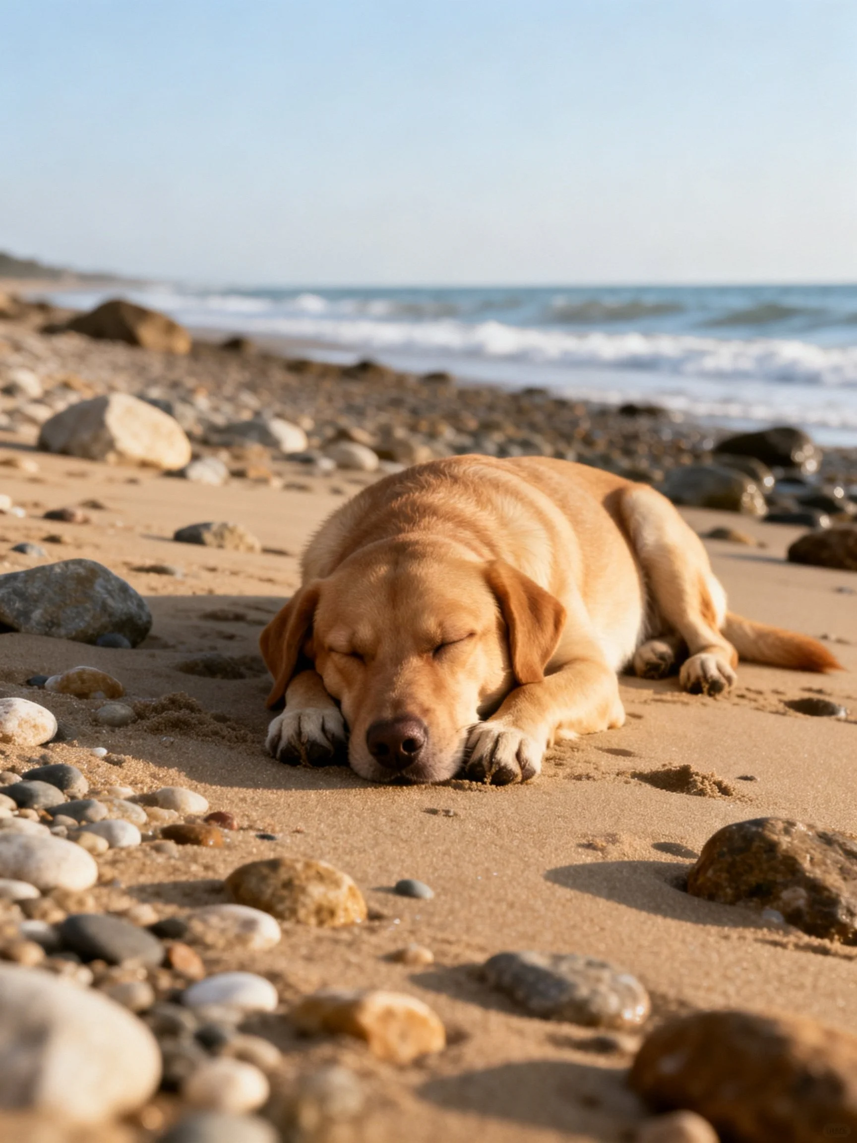 A tan dog sleeps on a rocky sandy beach by the ocean