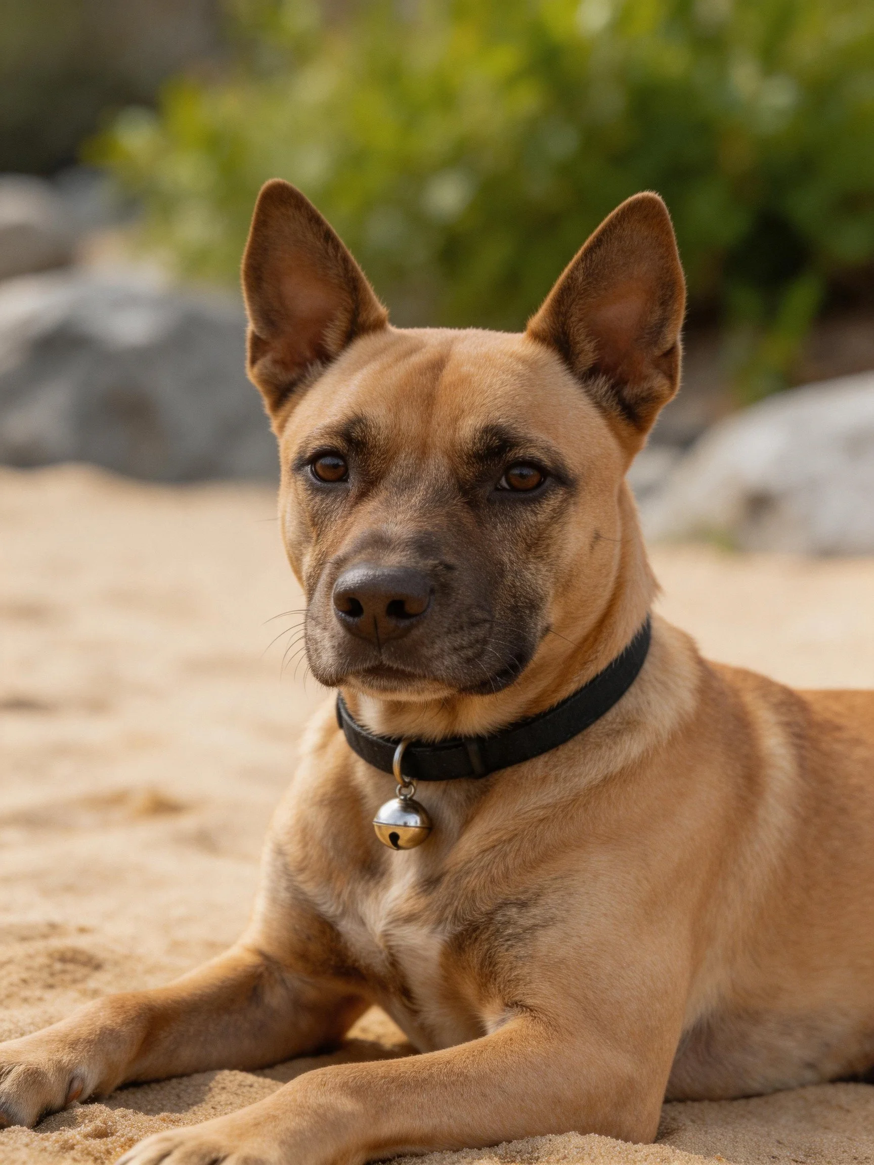A tan dog resting on sand with a black collar and silver bell