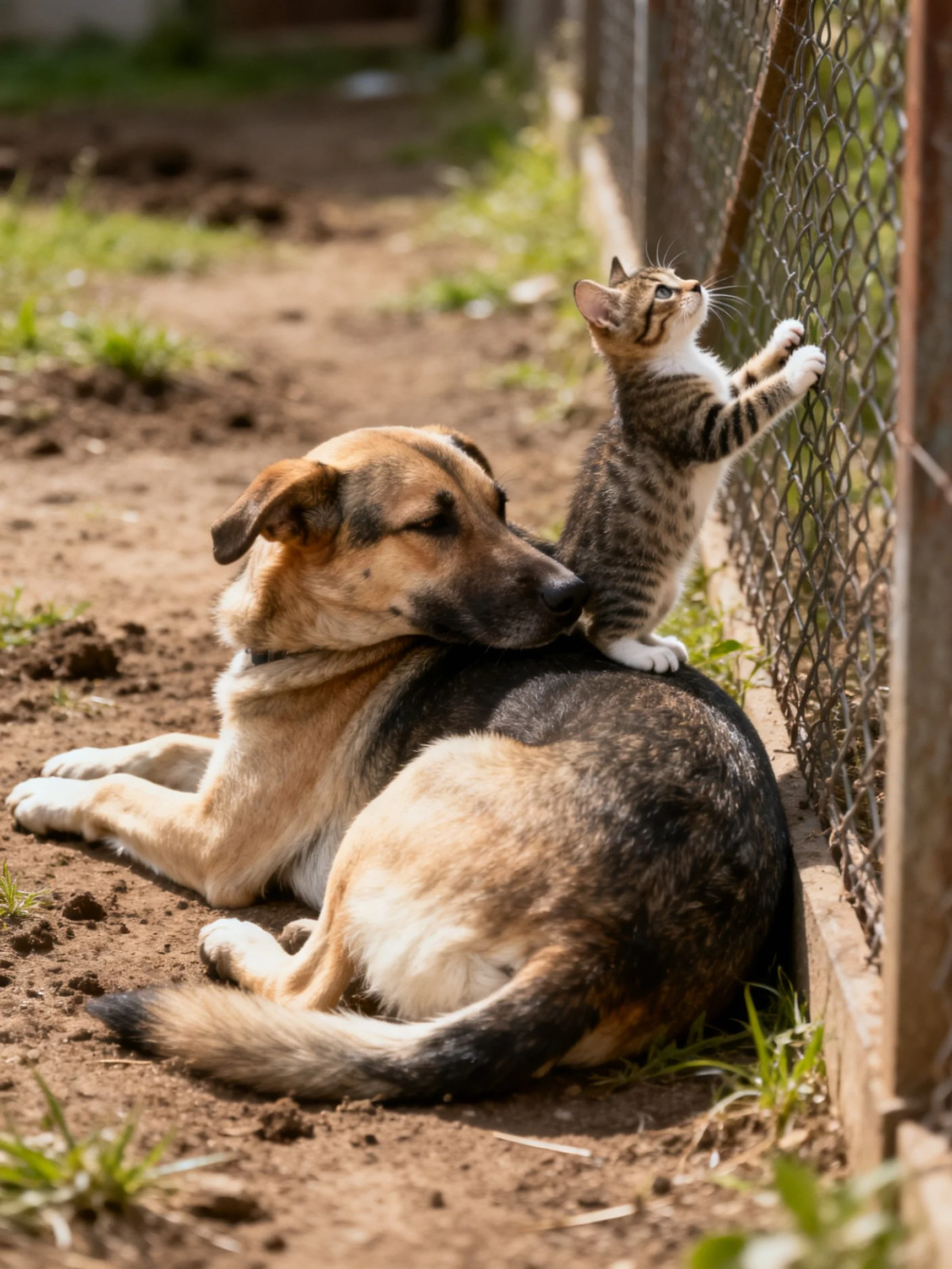 A tan dog rests beside a tabby kitten by a chain-link fence