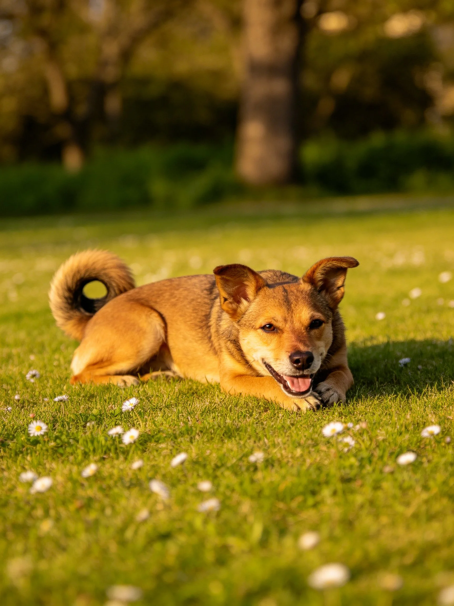 A tan dog relaxes on a flowered green lawn outdoors.