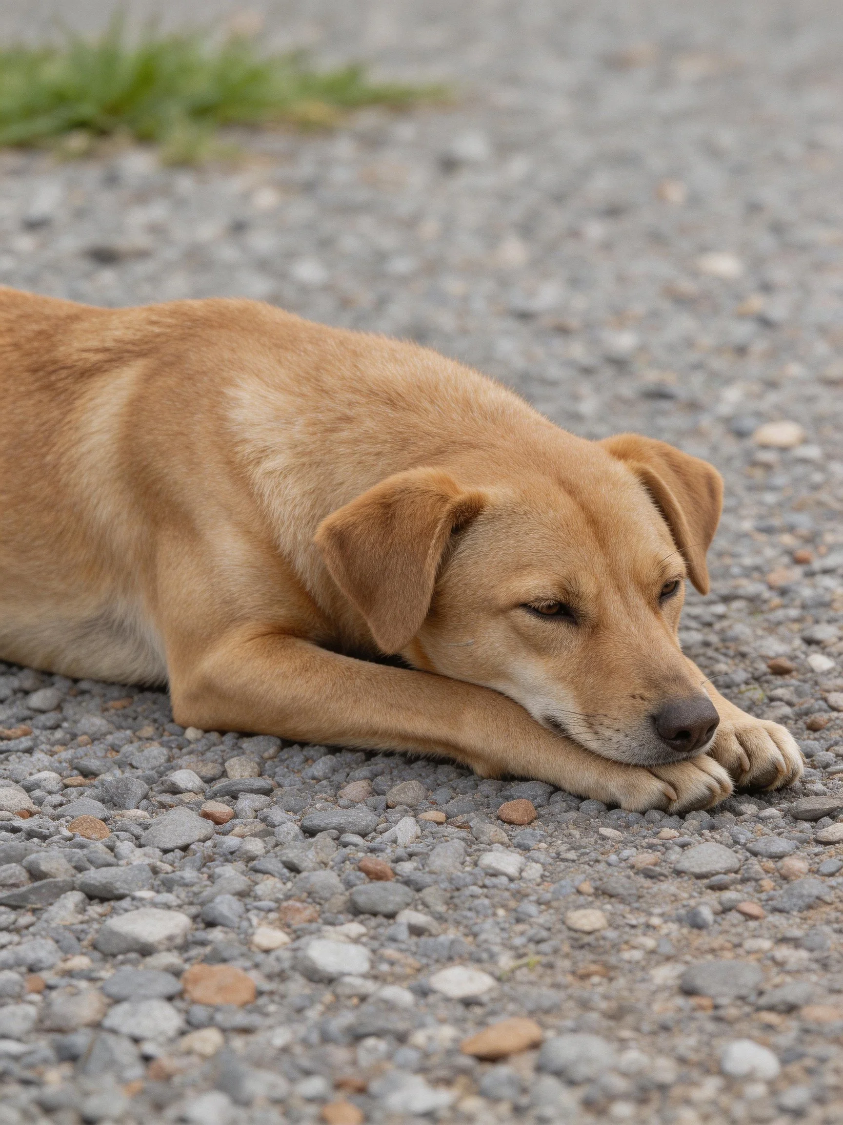 A tan dog rests on a gravel path near greenery