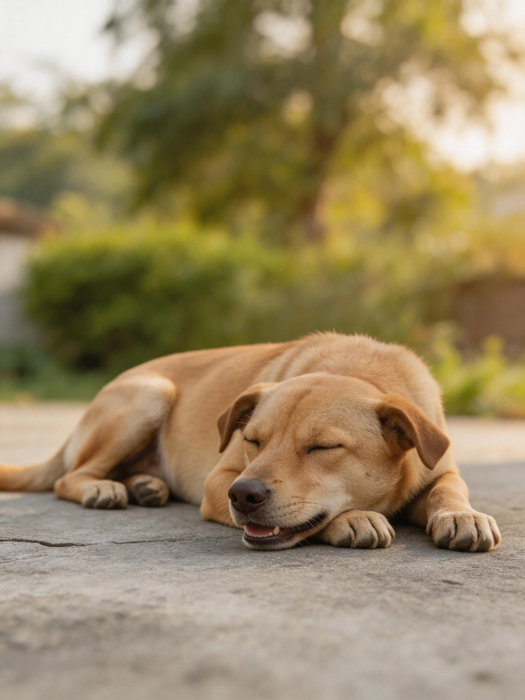 A tan dog sleeps peacefully on a stone path amid outdoor greenery.