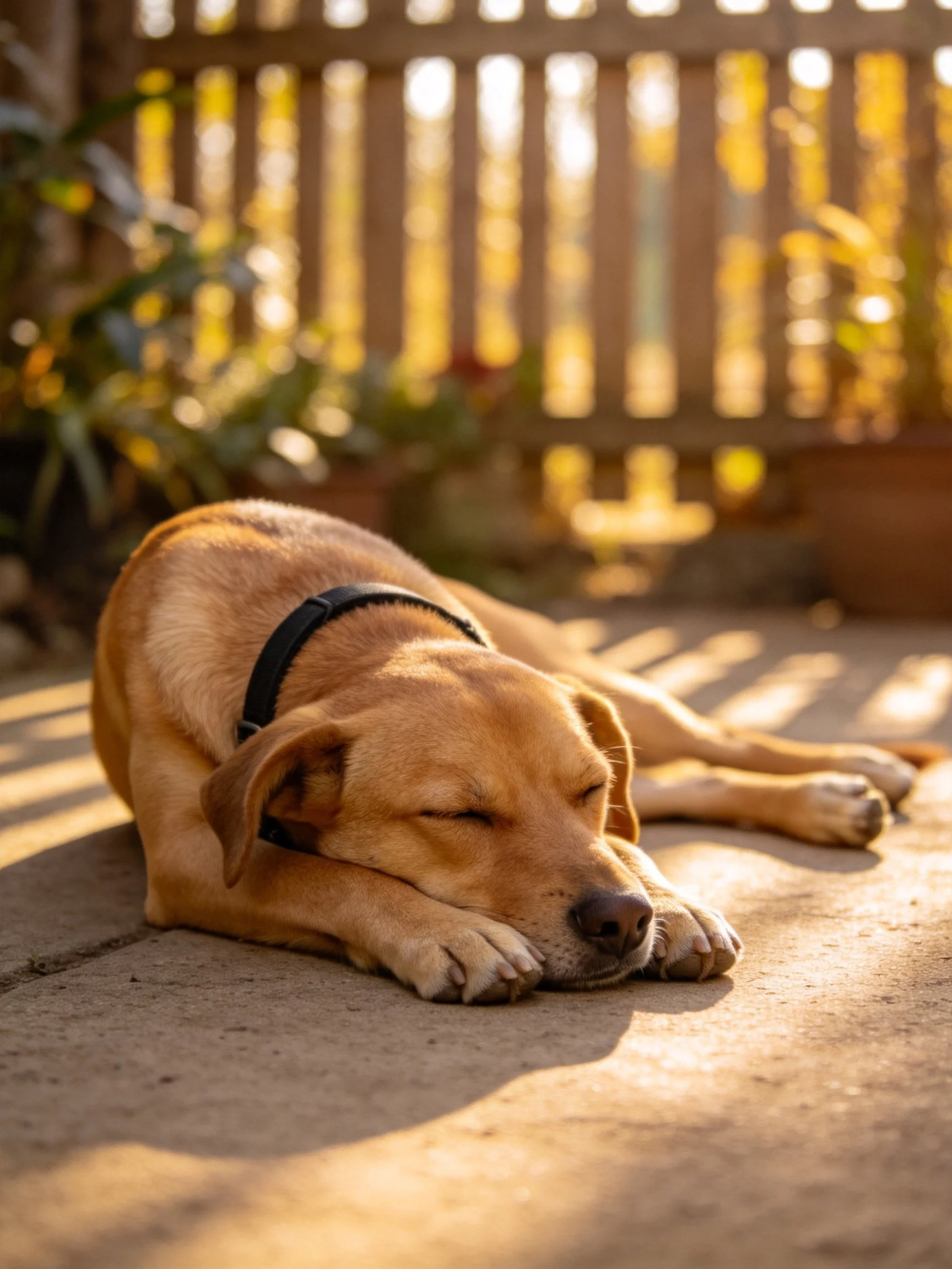 A tan dog rests on a sunlit patio with a wooden fence