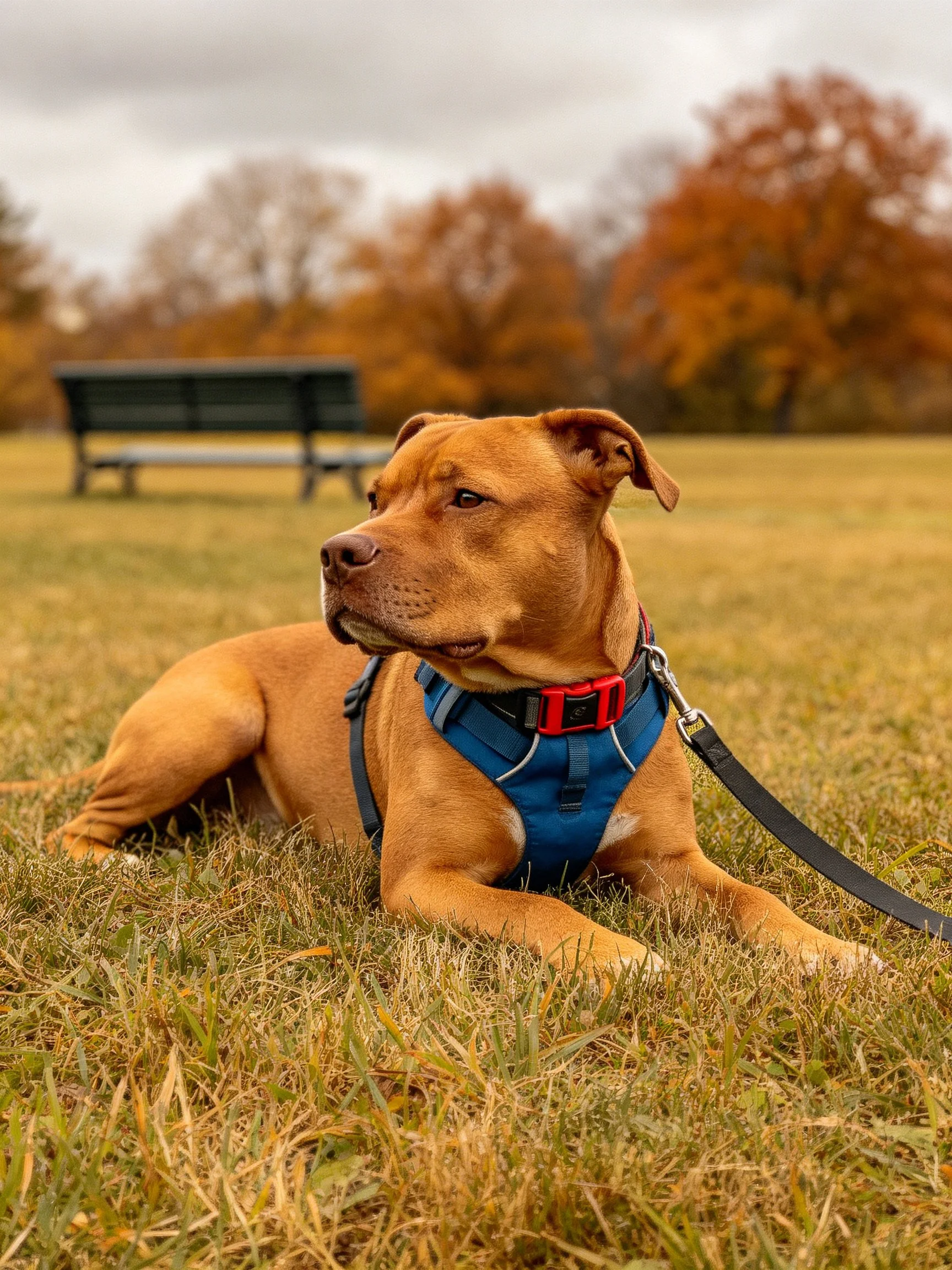 A tan dog relaxes on grass in an autumn park.