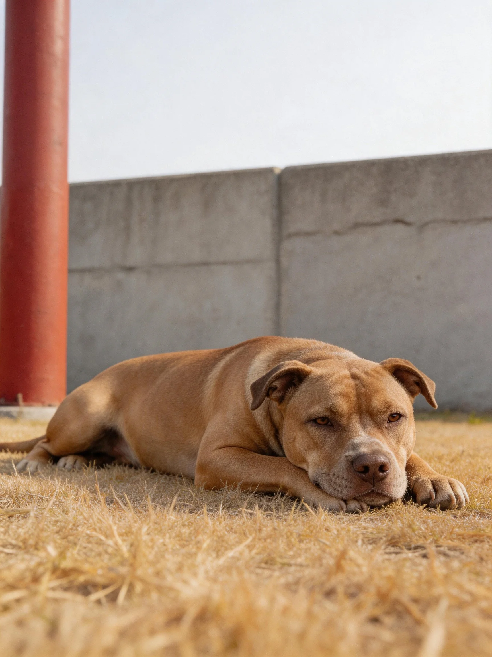 A tan dog rests on dry grass near a concrete wall and red pole