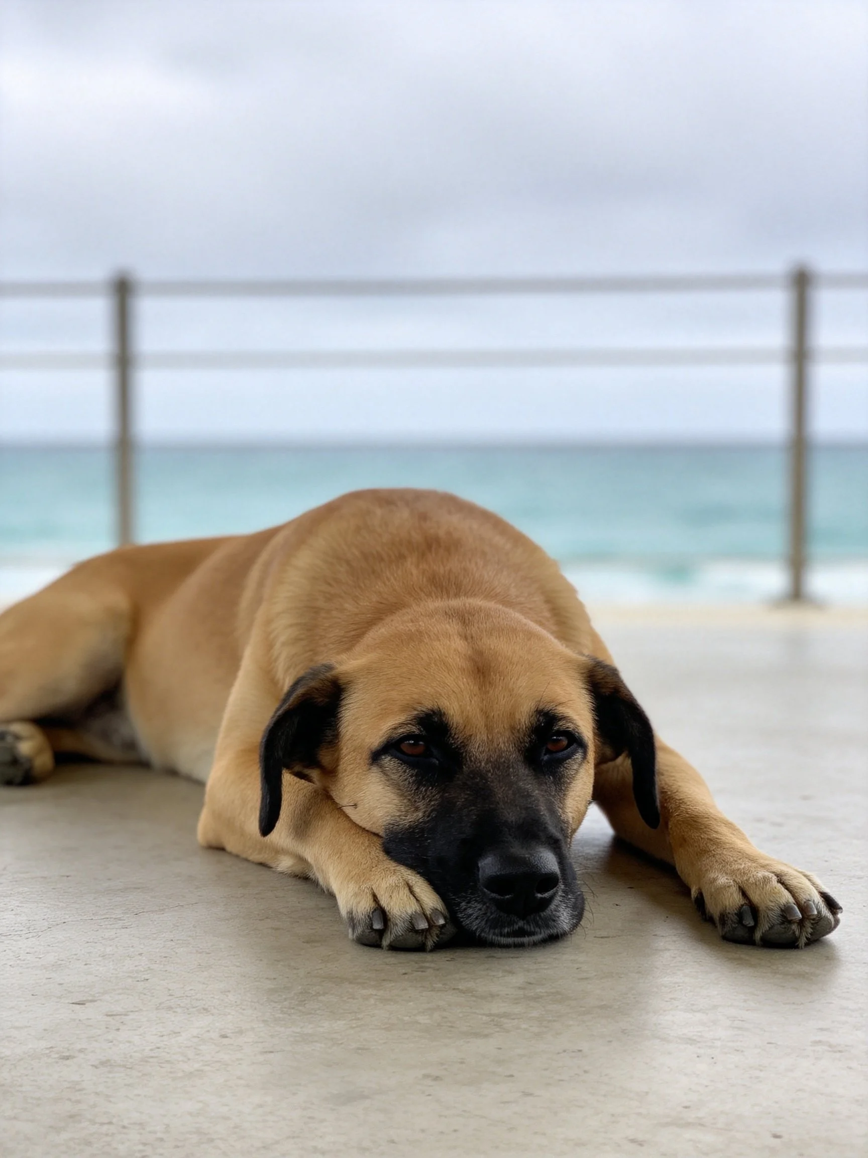 A tan dog rests on smooth concrete near a blurred ocean railing