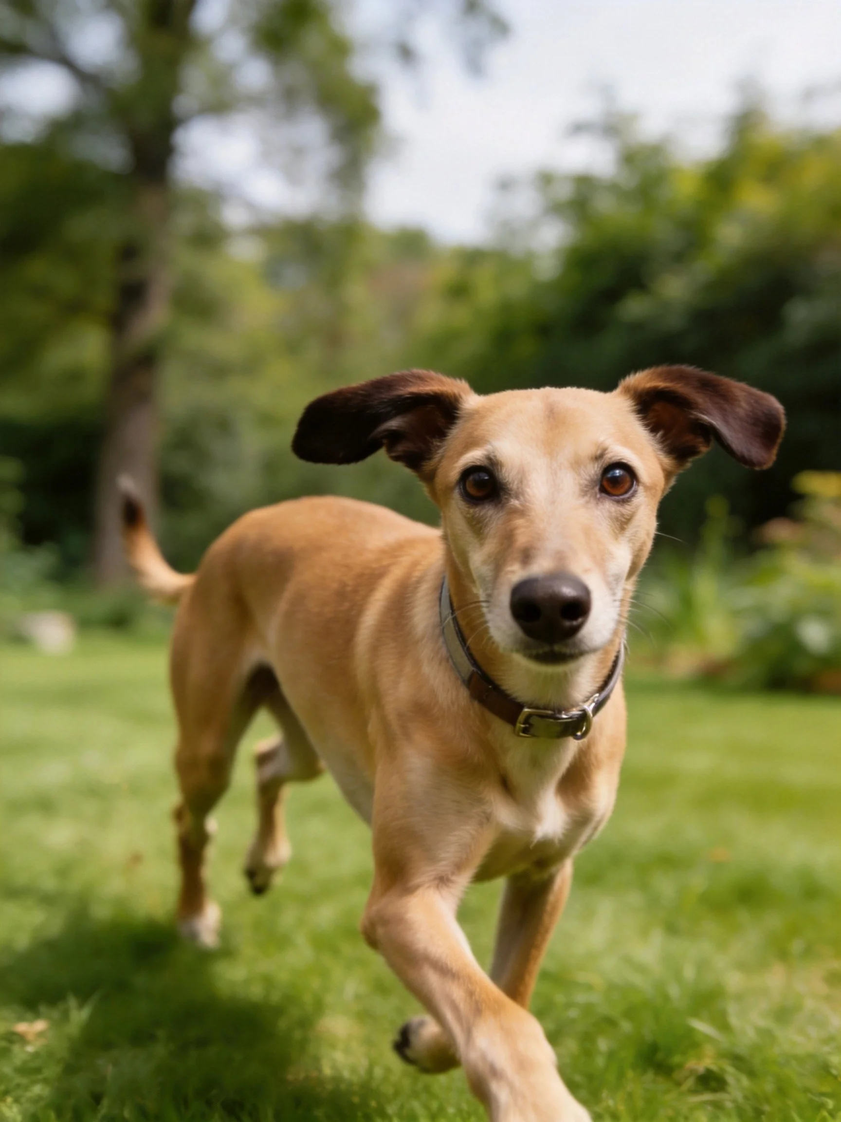 A tan dog runs toward the camera on a grassy lawn.