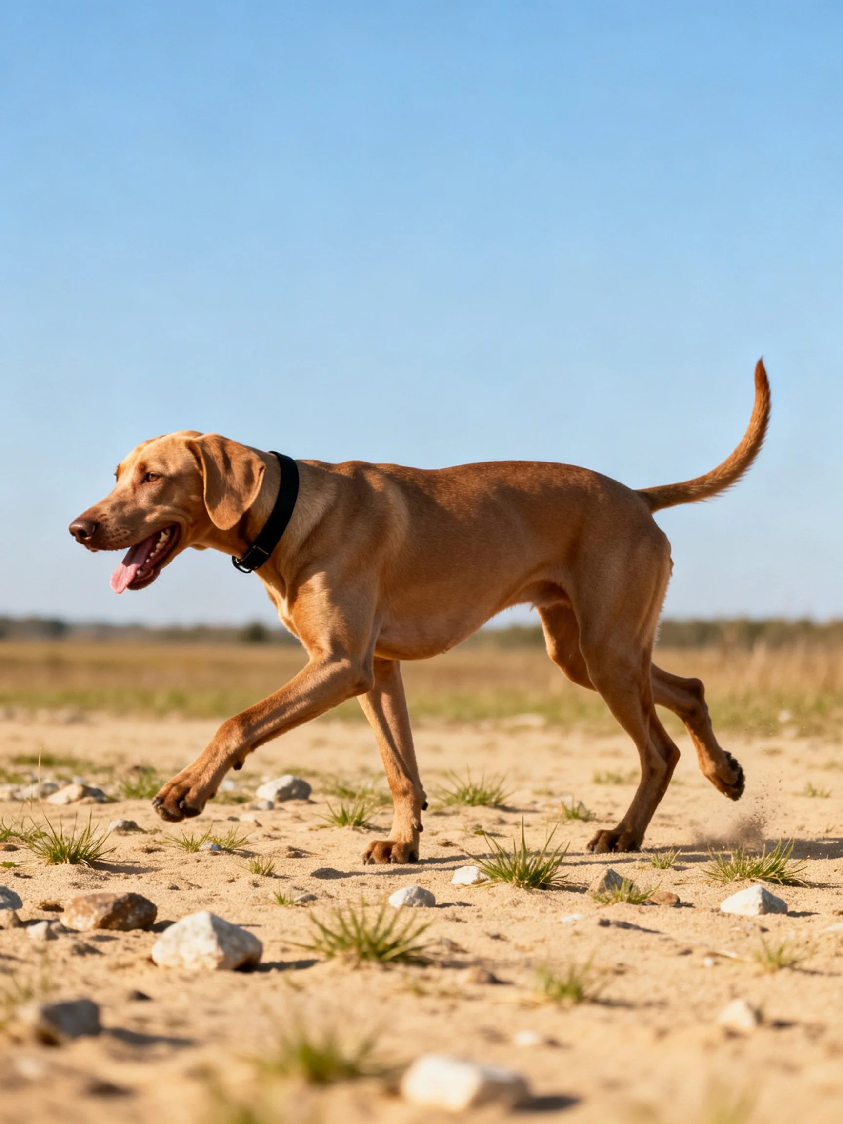 A tan dog runs energetically on sandy ground with scattered rocks