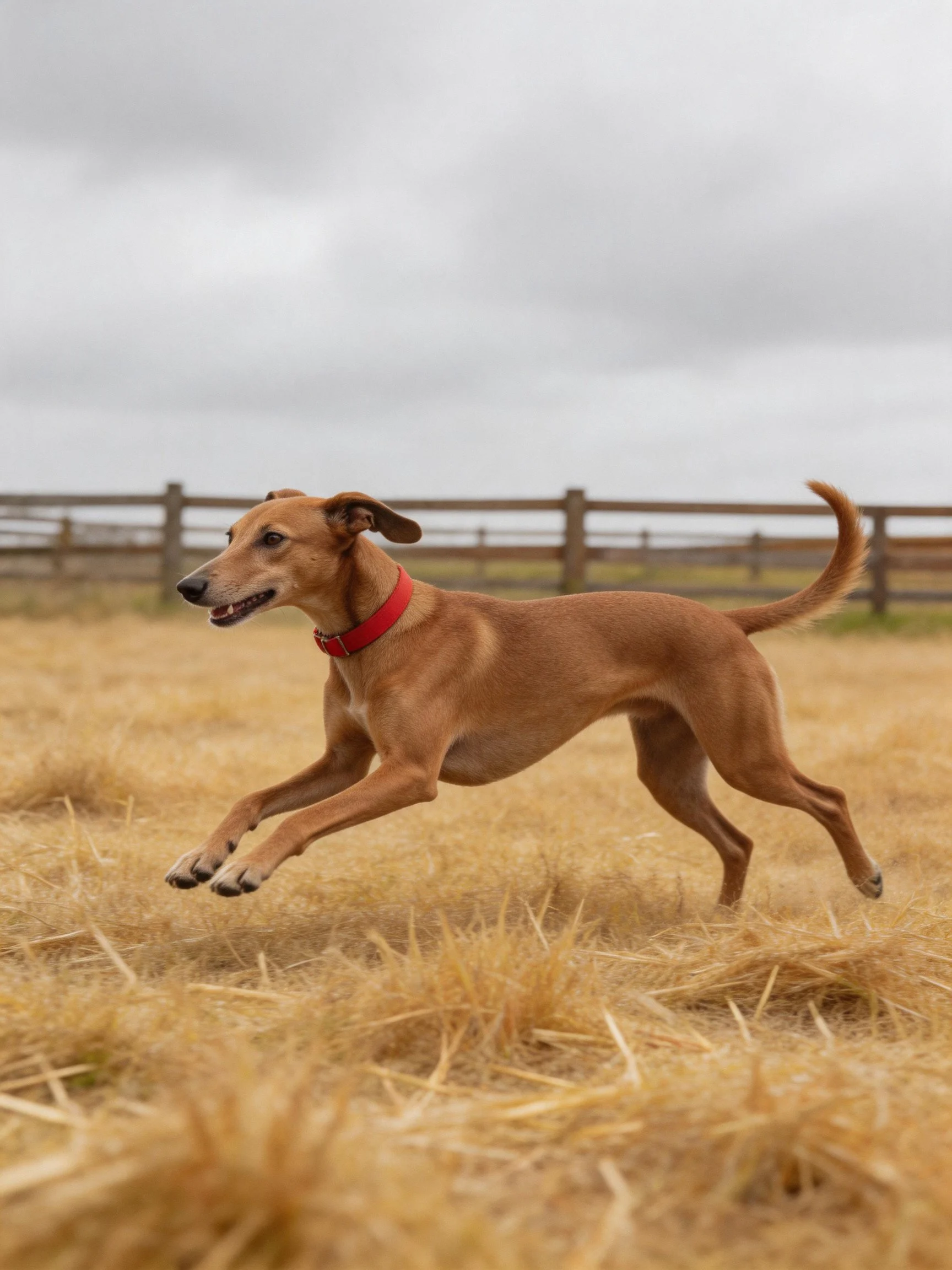 A tan dog runs through golden hay with a red collar