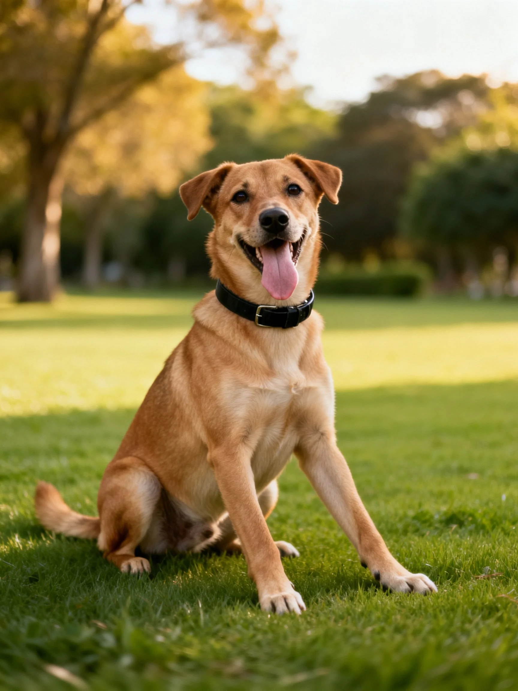 A tan dog sits happily on lush green grass in a sunlit park