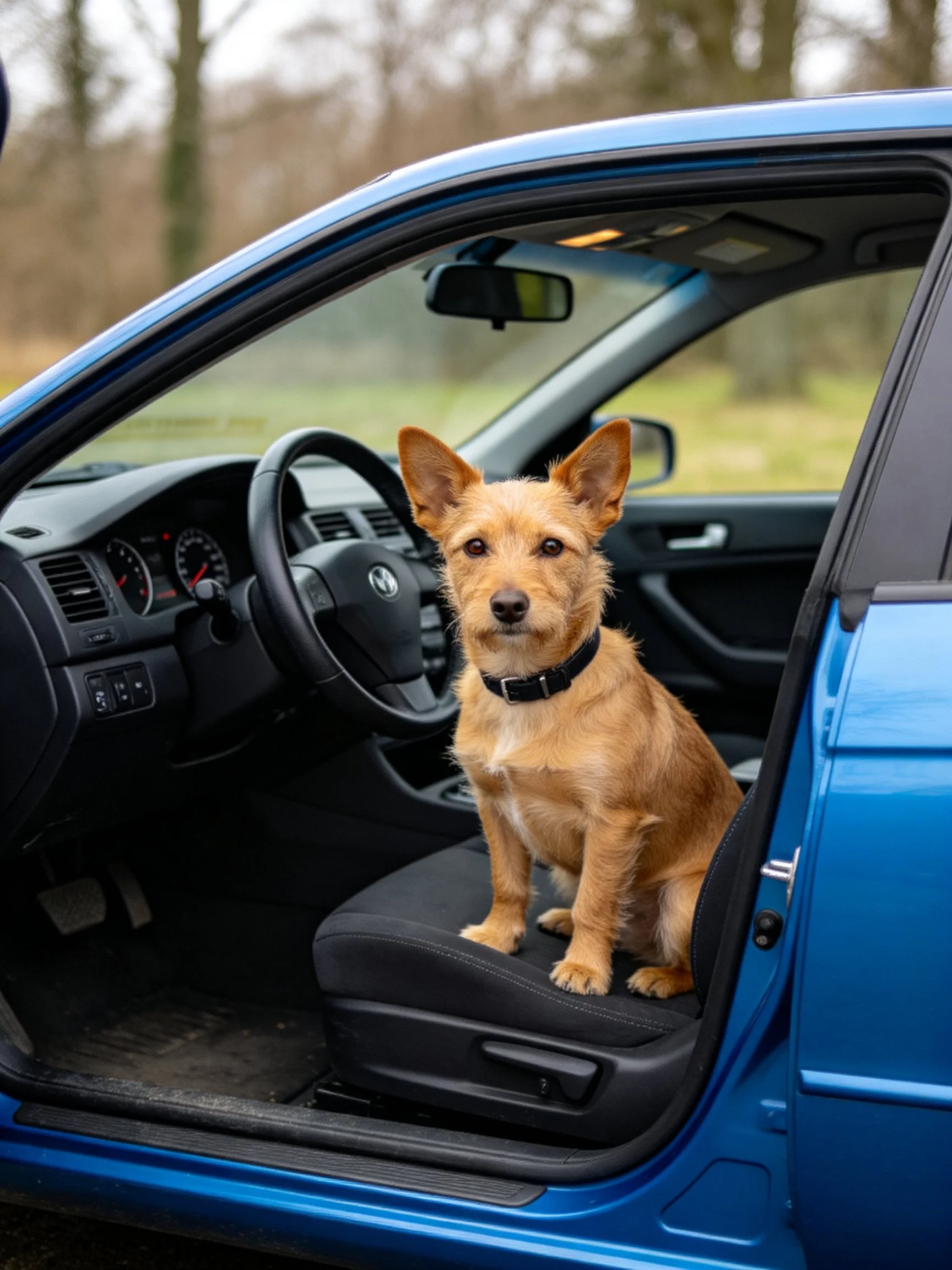 A tan dog sits in the driver seat of a bright blue car