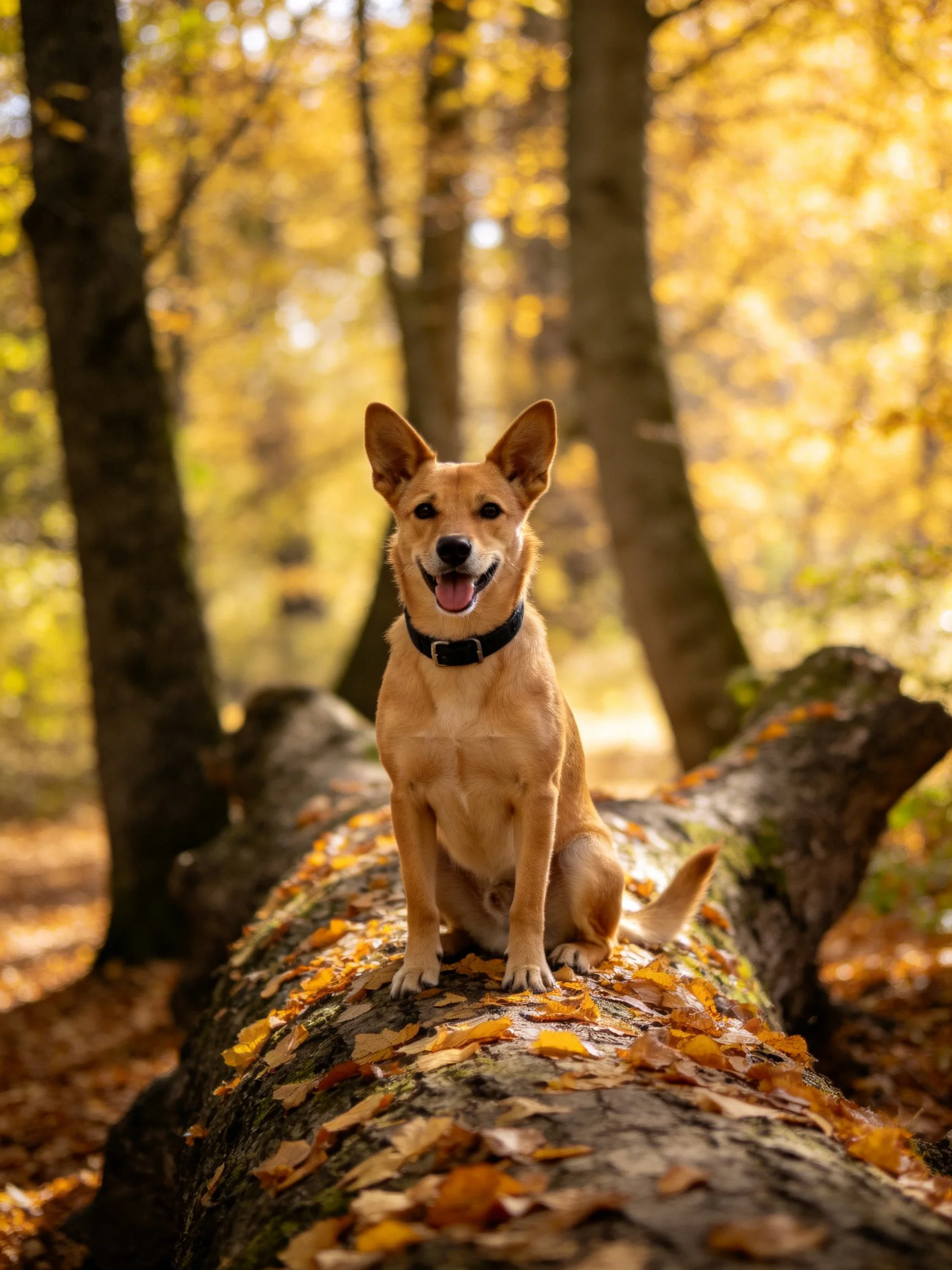 A tan dog sits on a fallen log amid golden autumn foliage