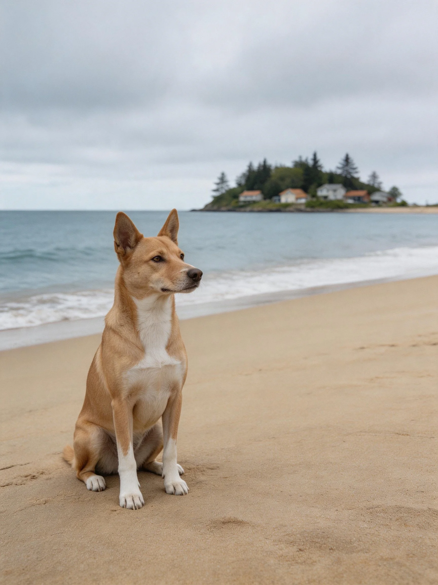 A tan dog sits on a sandy beach near calm ocean waters