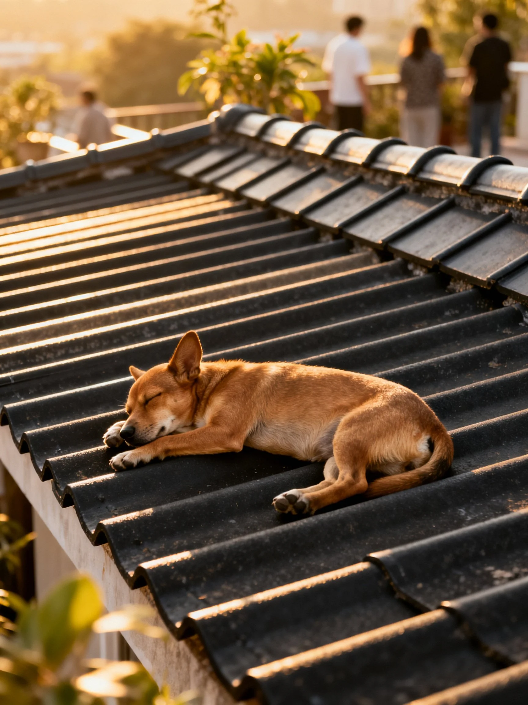 A tan dog sleeps on a dark tiled rooftop under golden light