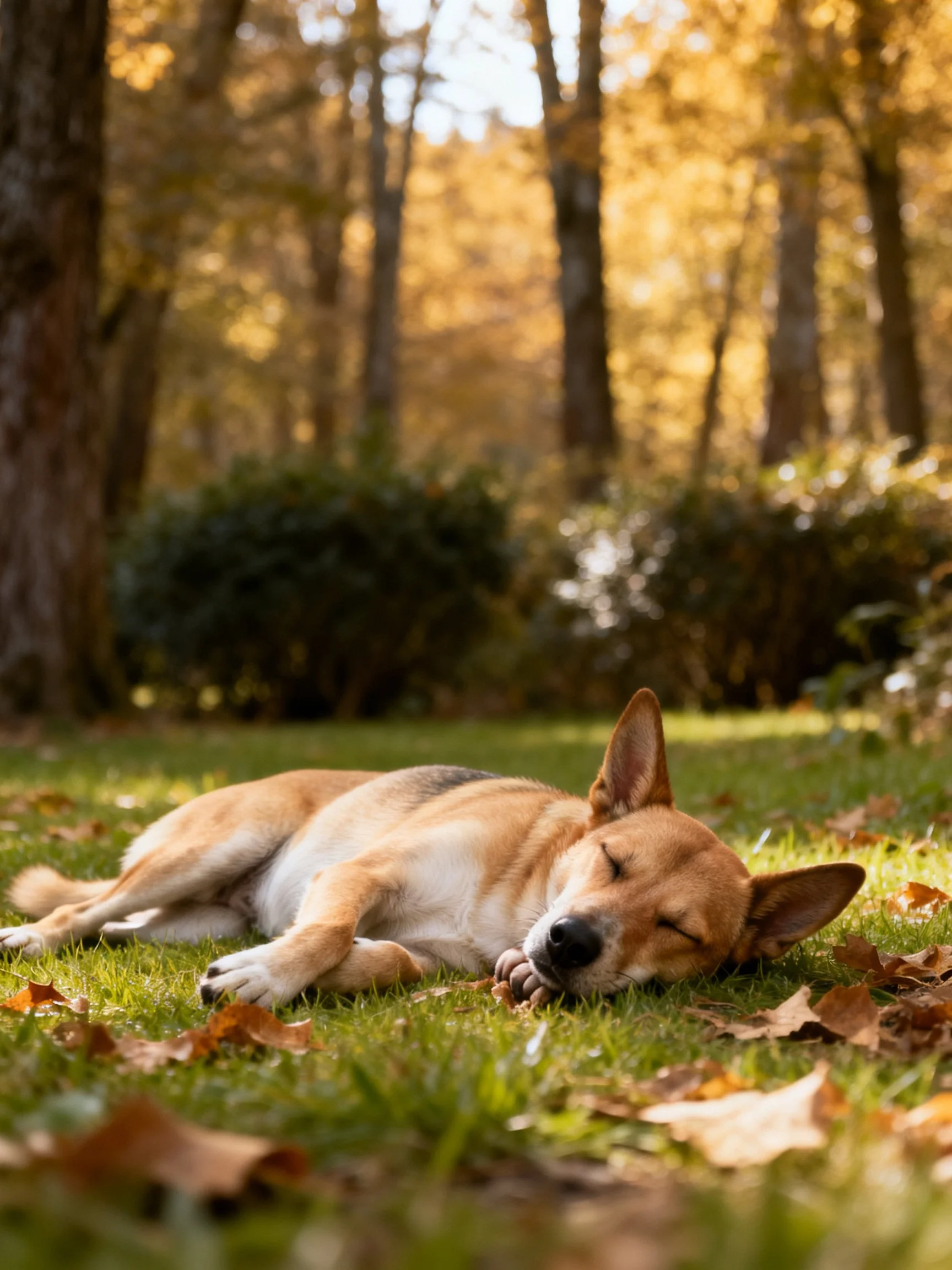 A dog sleeps on a leaf - covered lawn in an autumnal wooded area.