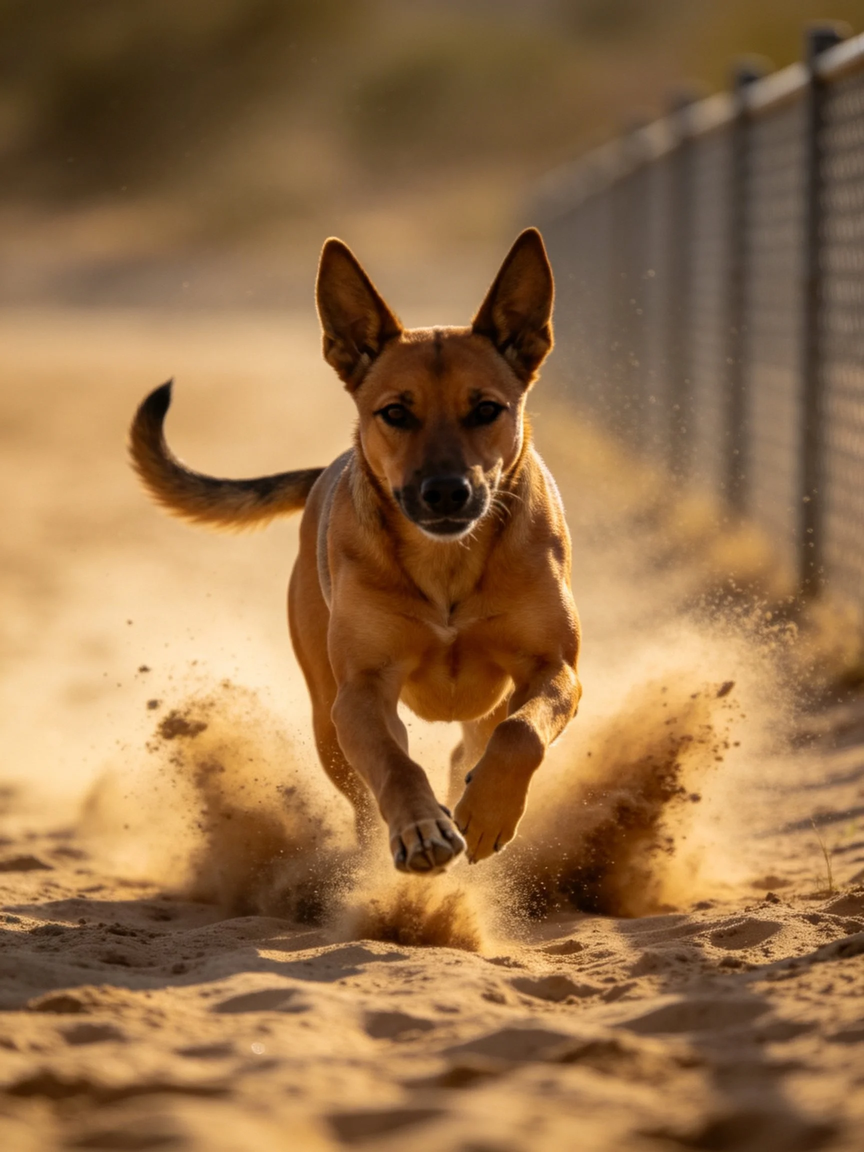 A tan dog sprinting through golden sand near a metal fence