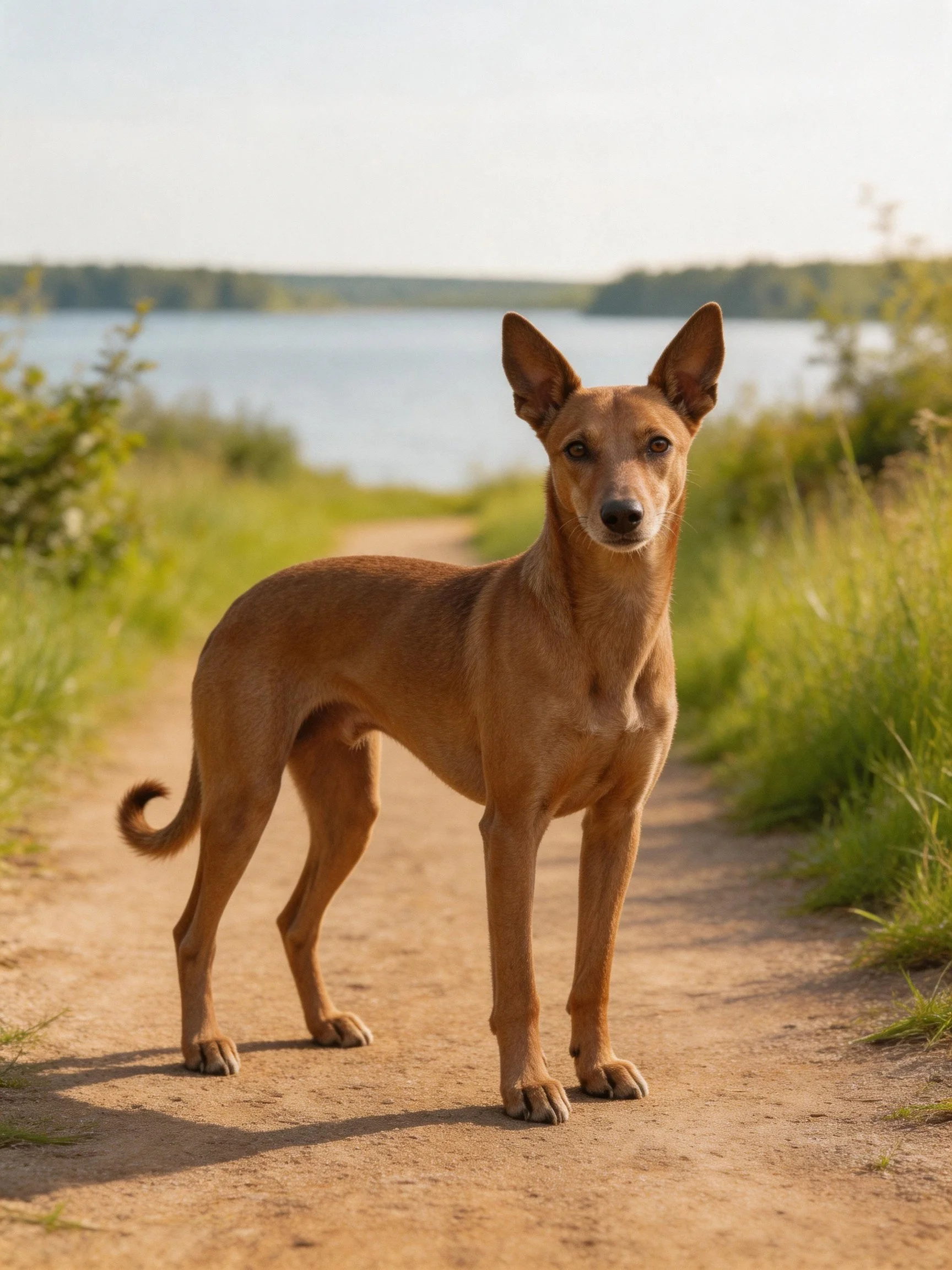 A tan dog stands alert on a dirt path by a lake
