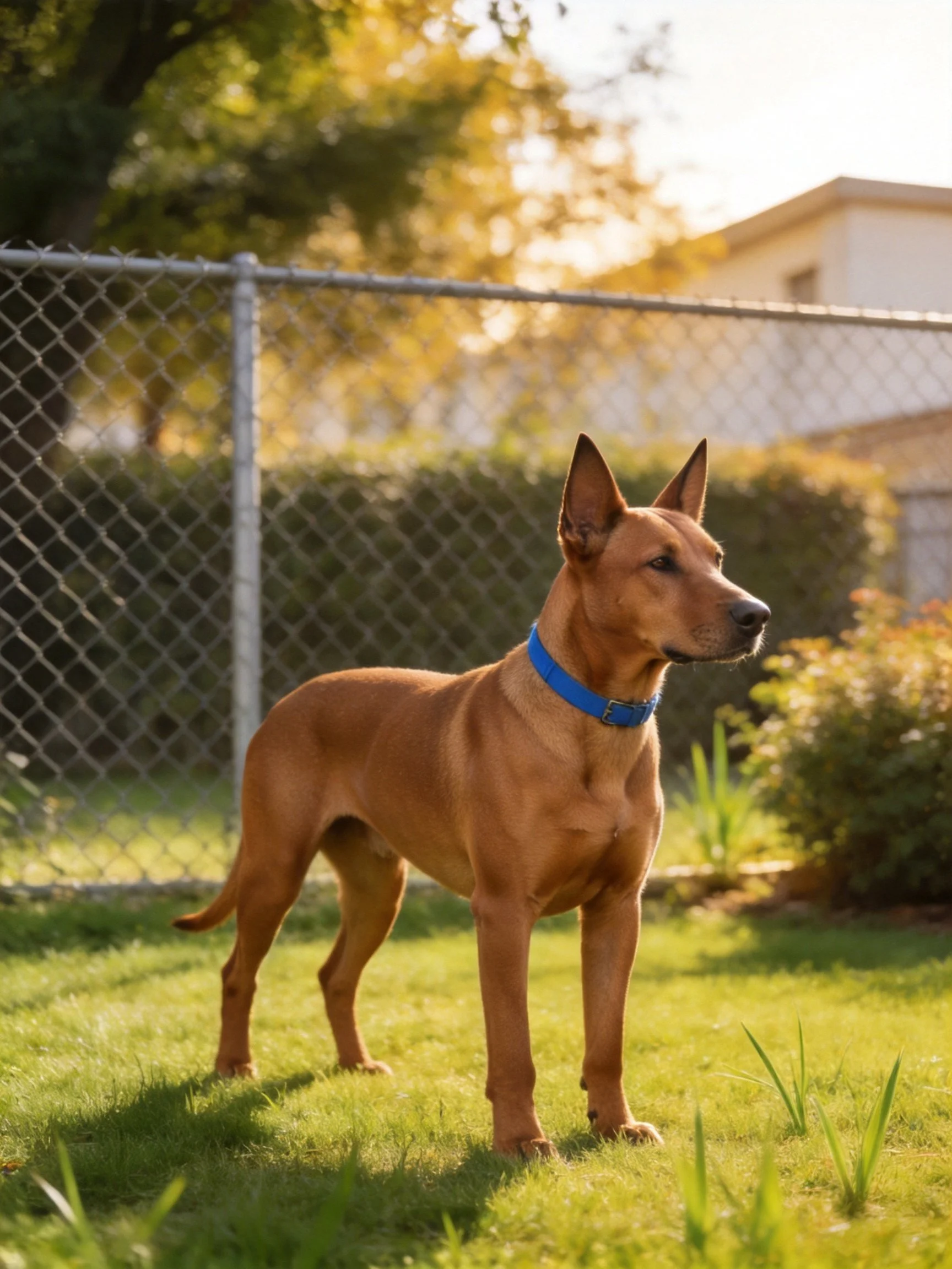 A tan dog stands alert on green grass near a chain-link fence