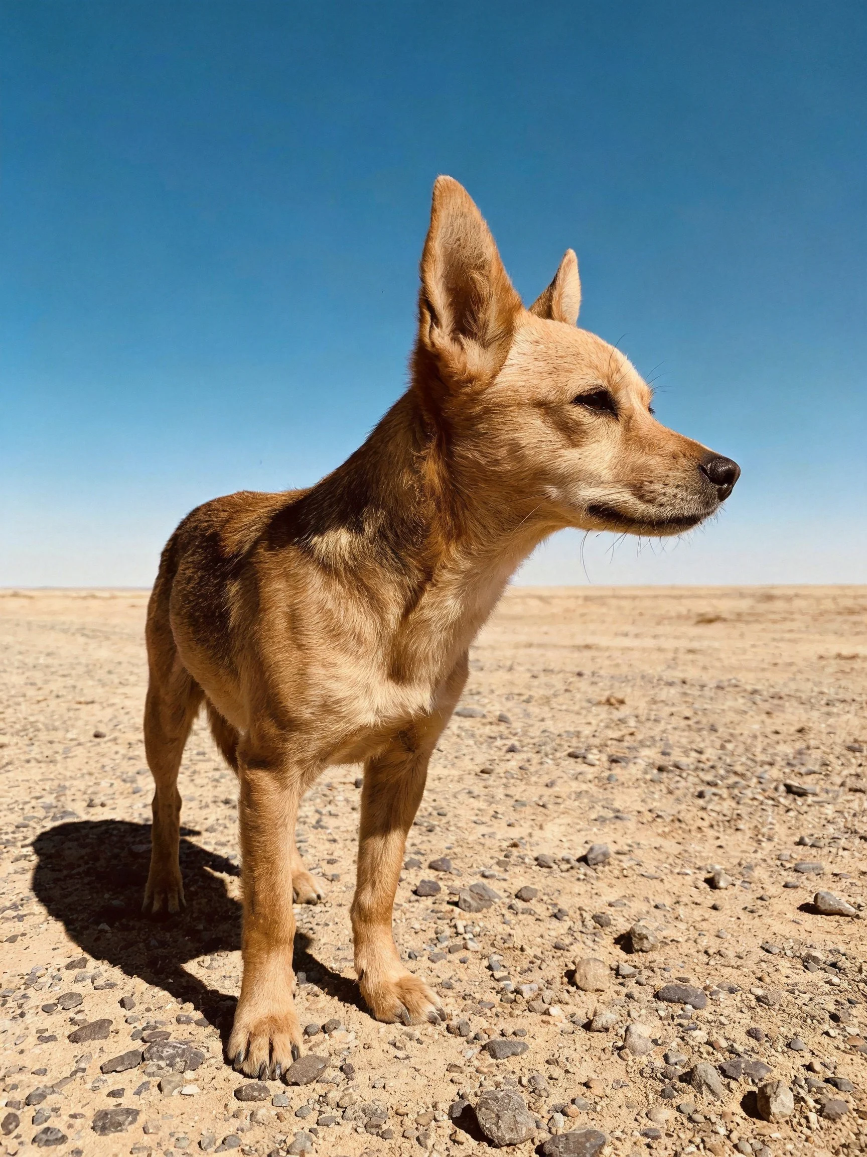 A tan dog stands alert on rocky desert terrain under clear blue sky