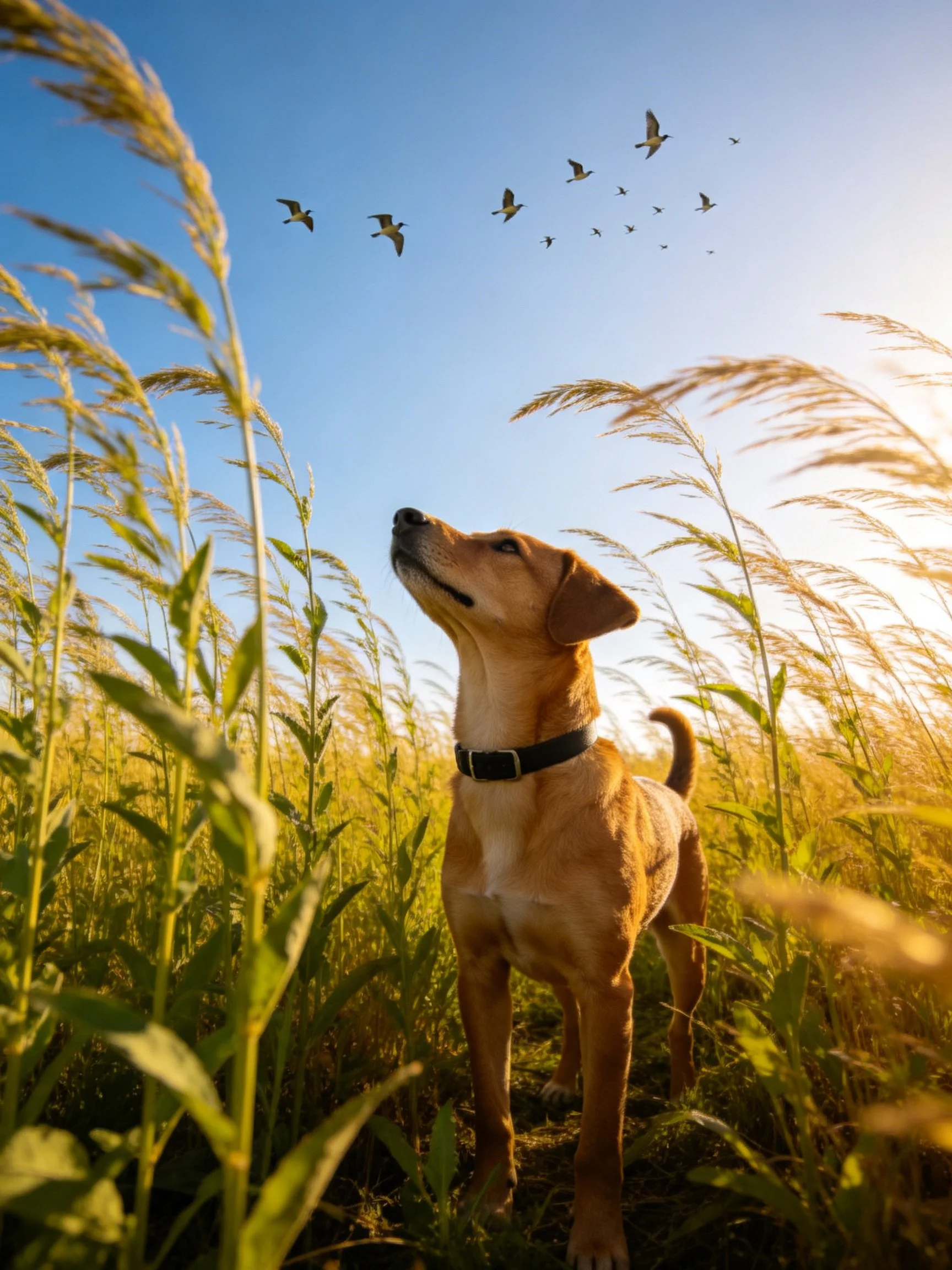 A tan dog looks up at birds flying over a field of tall golden grass.