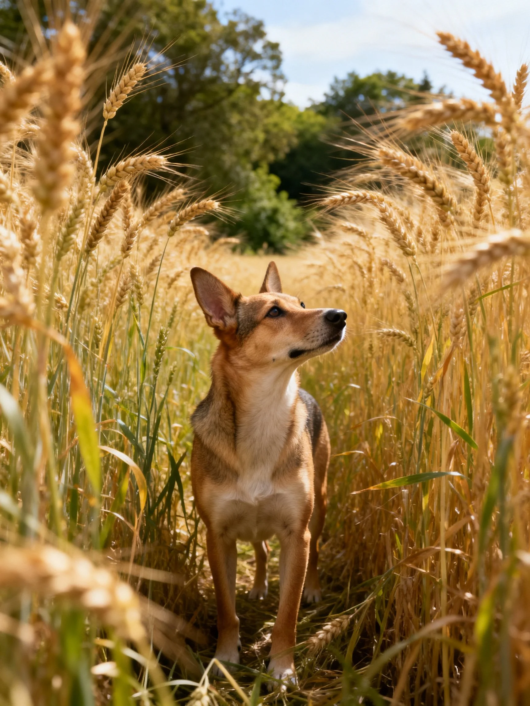 A tan dog stands in a golden wheat field under sunny conditions.