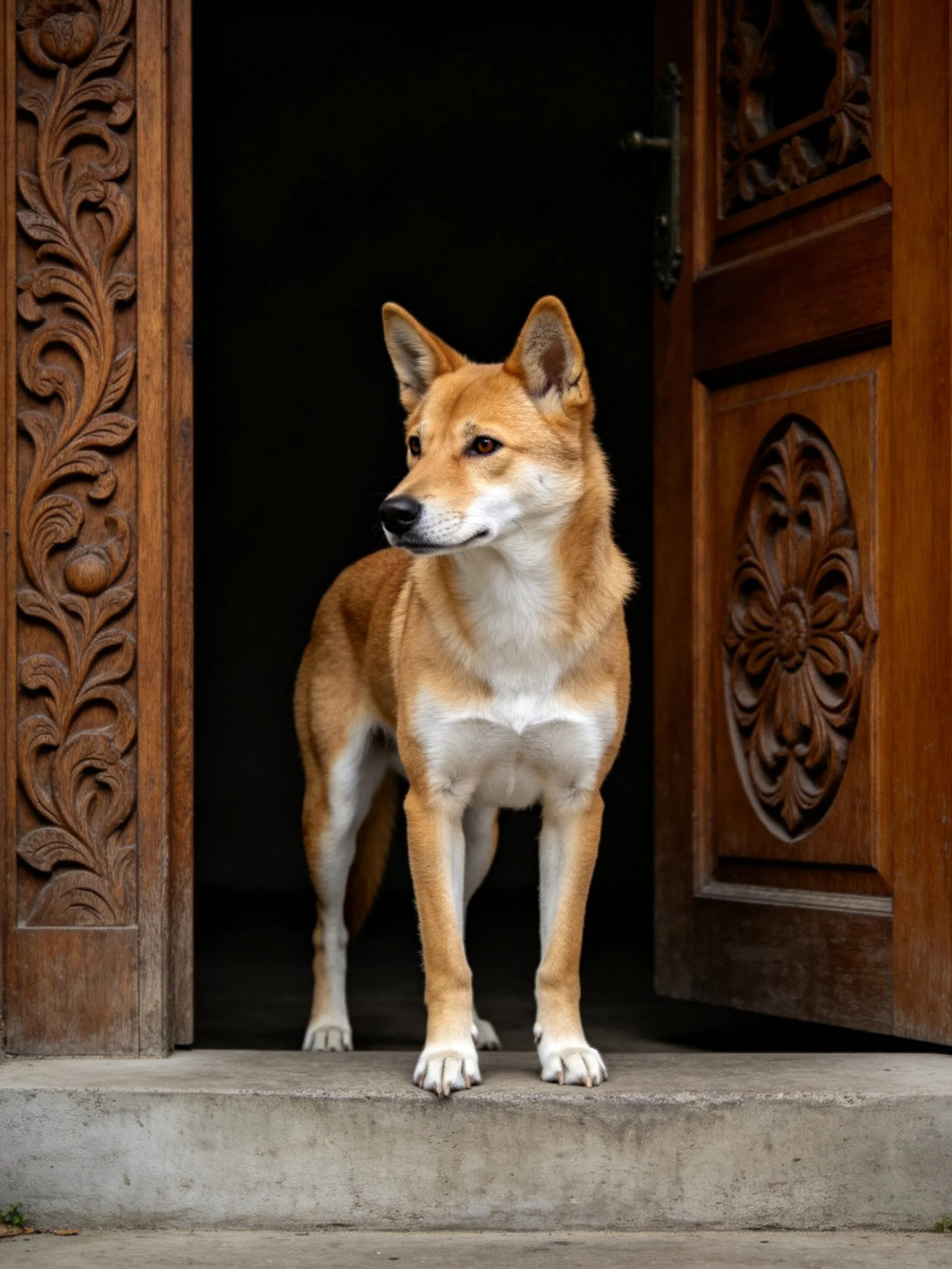 A tan dog stands at the entrance of a building with intricately carved wooden doors