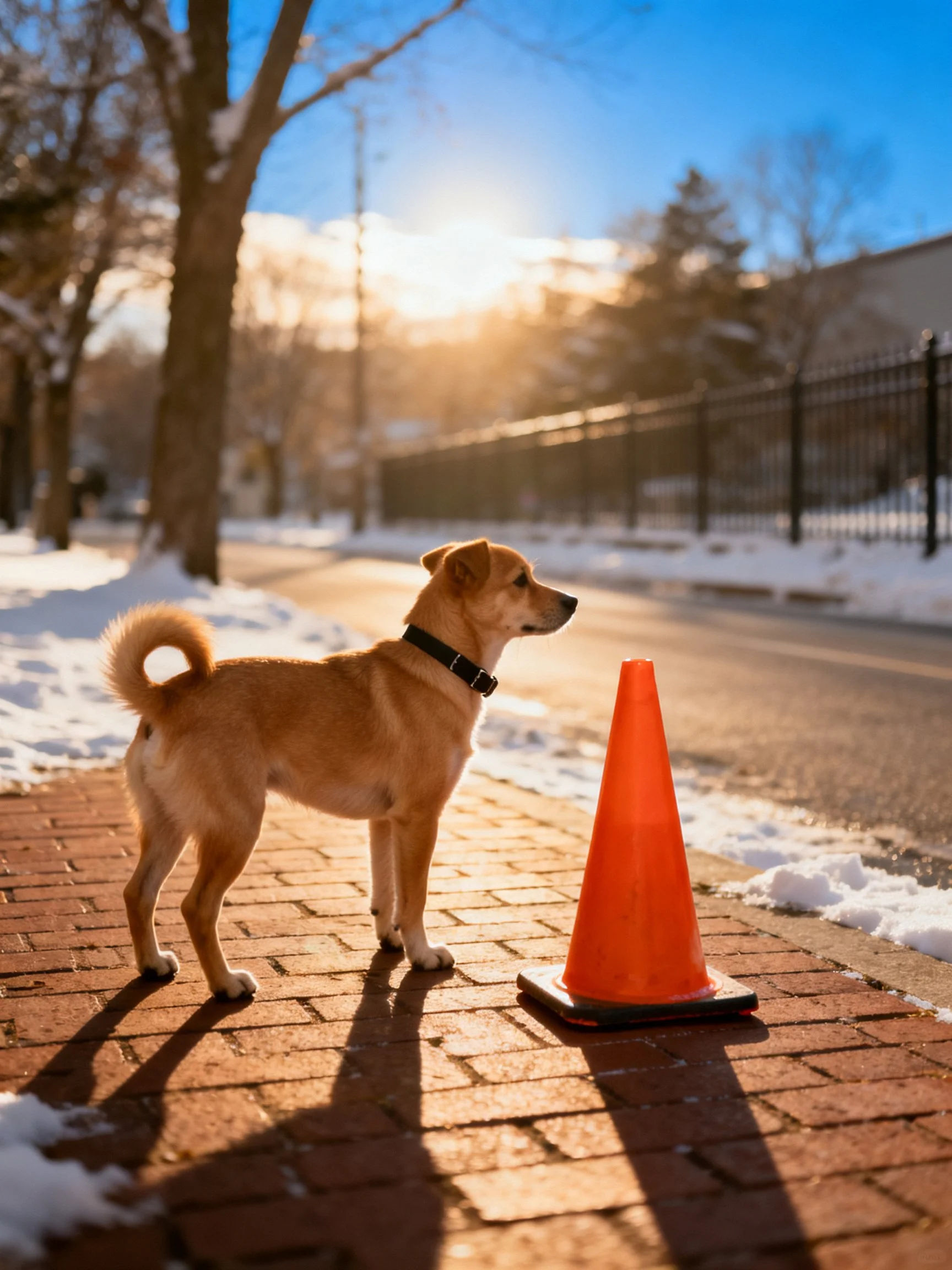 A tan dog stands near an orange traffic cone on a snowy brick sidewalk