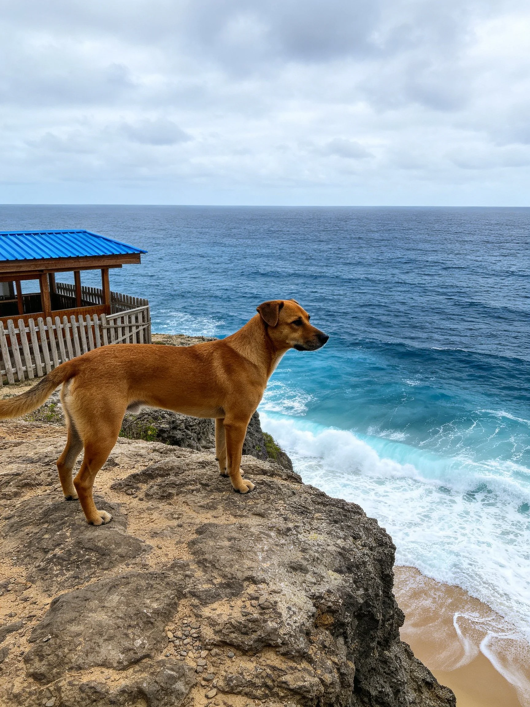 A tan dog stands on a rocky cliff overlooking the ocean neara blue-roofed shelter.