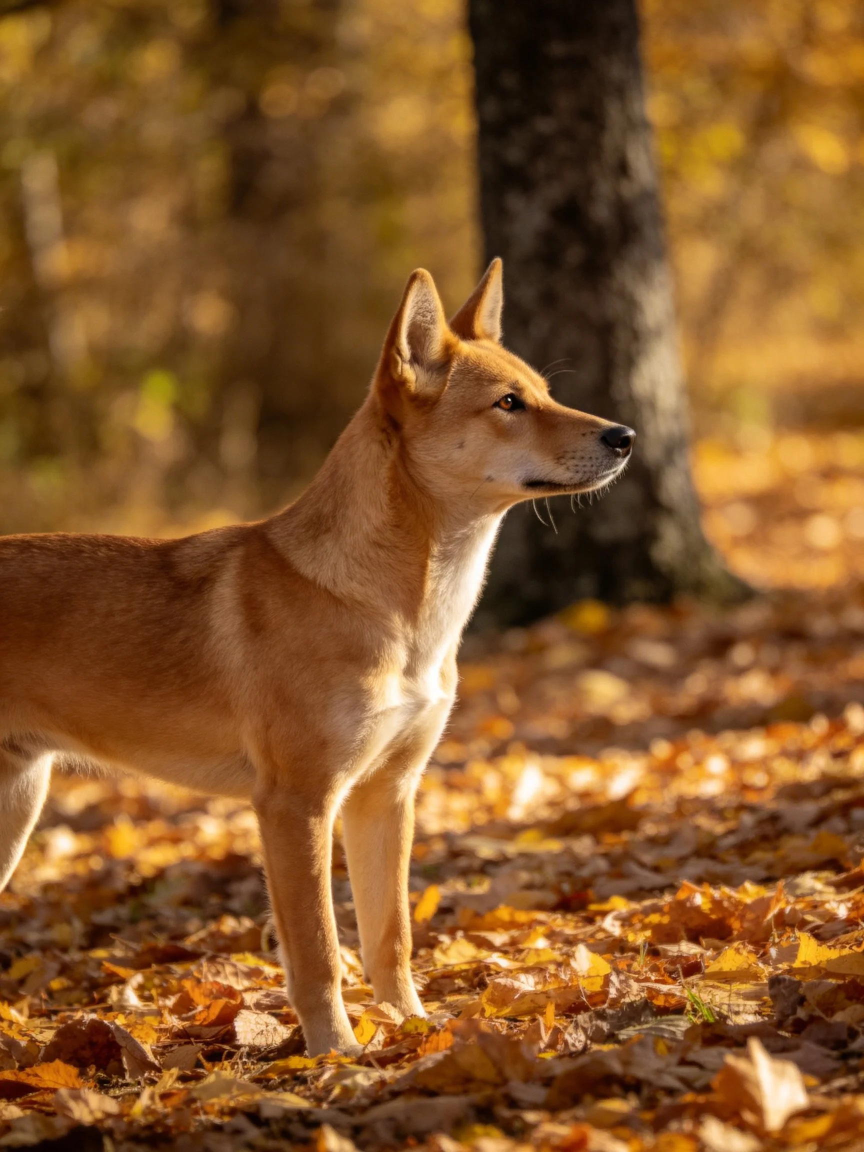 A tan dog stands on autumn leaves in a sunlit forest