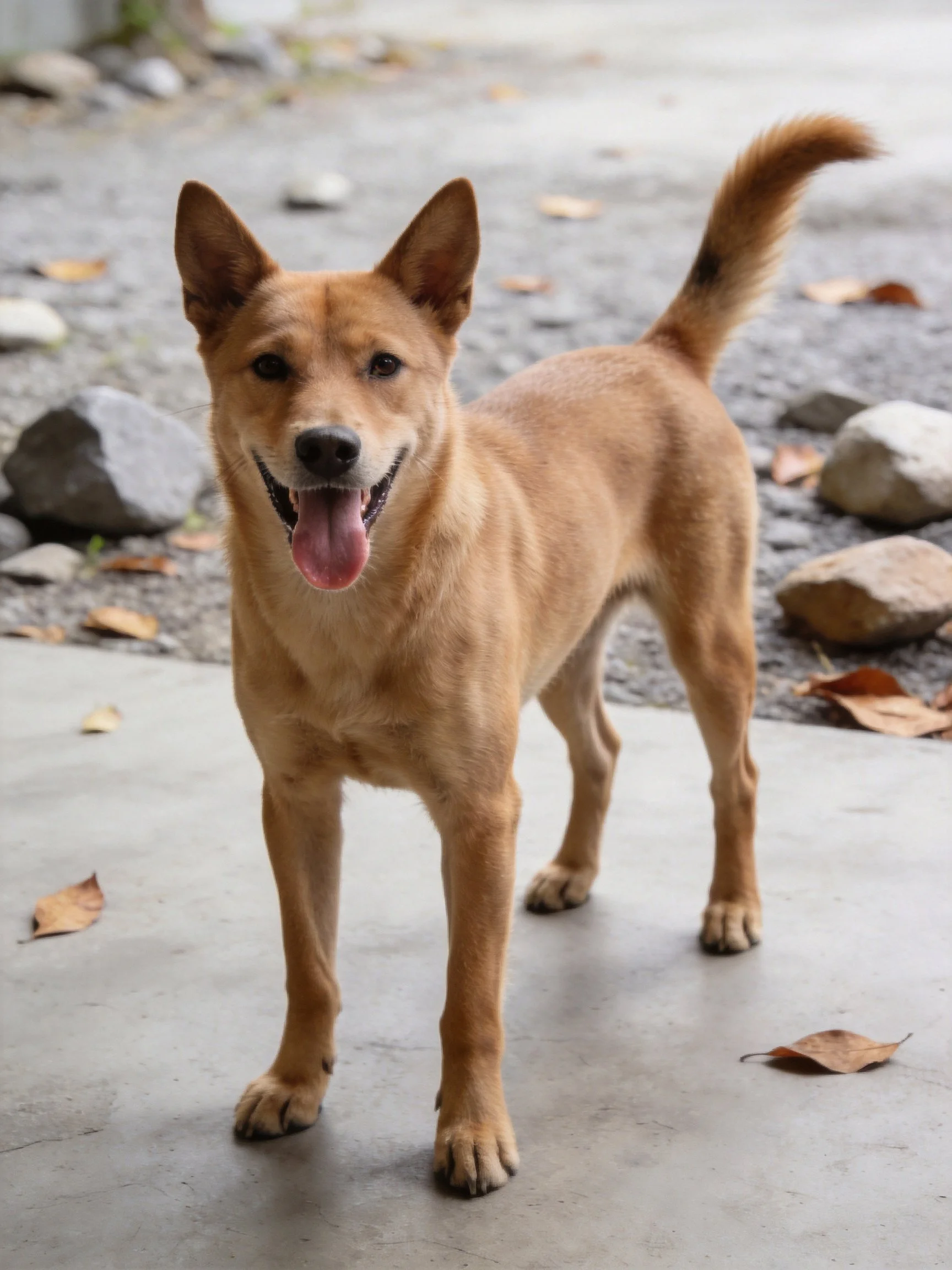 A tan dog stands on concrete near scattered rocks and dry leaves