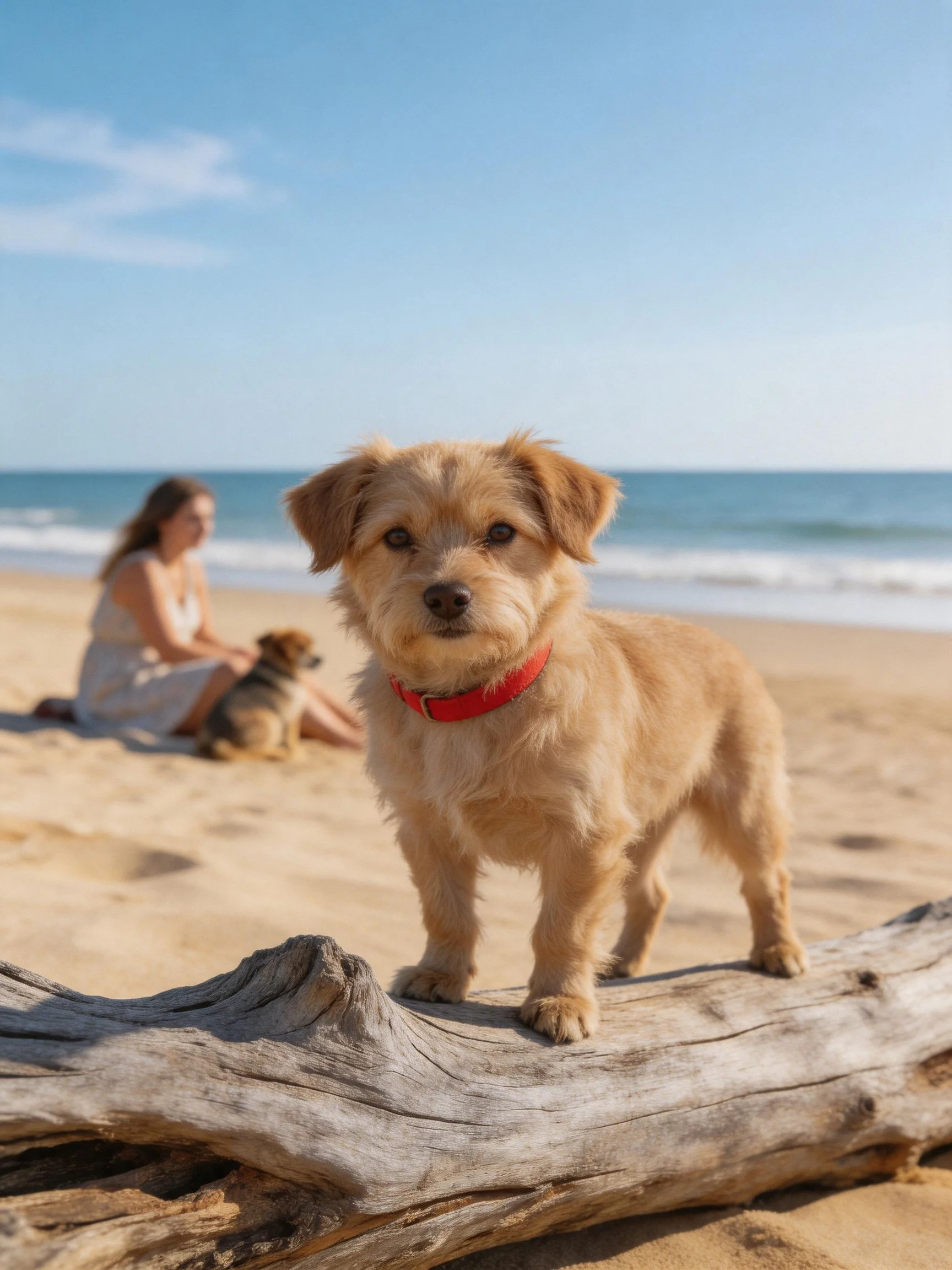 A tan dog stands on driftwood while a woman and smaller dog relax on a sunny beach.