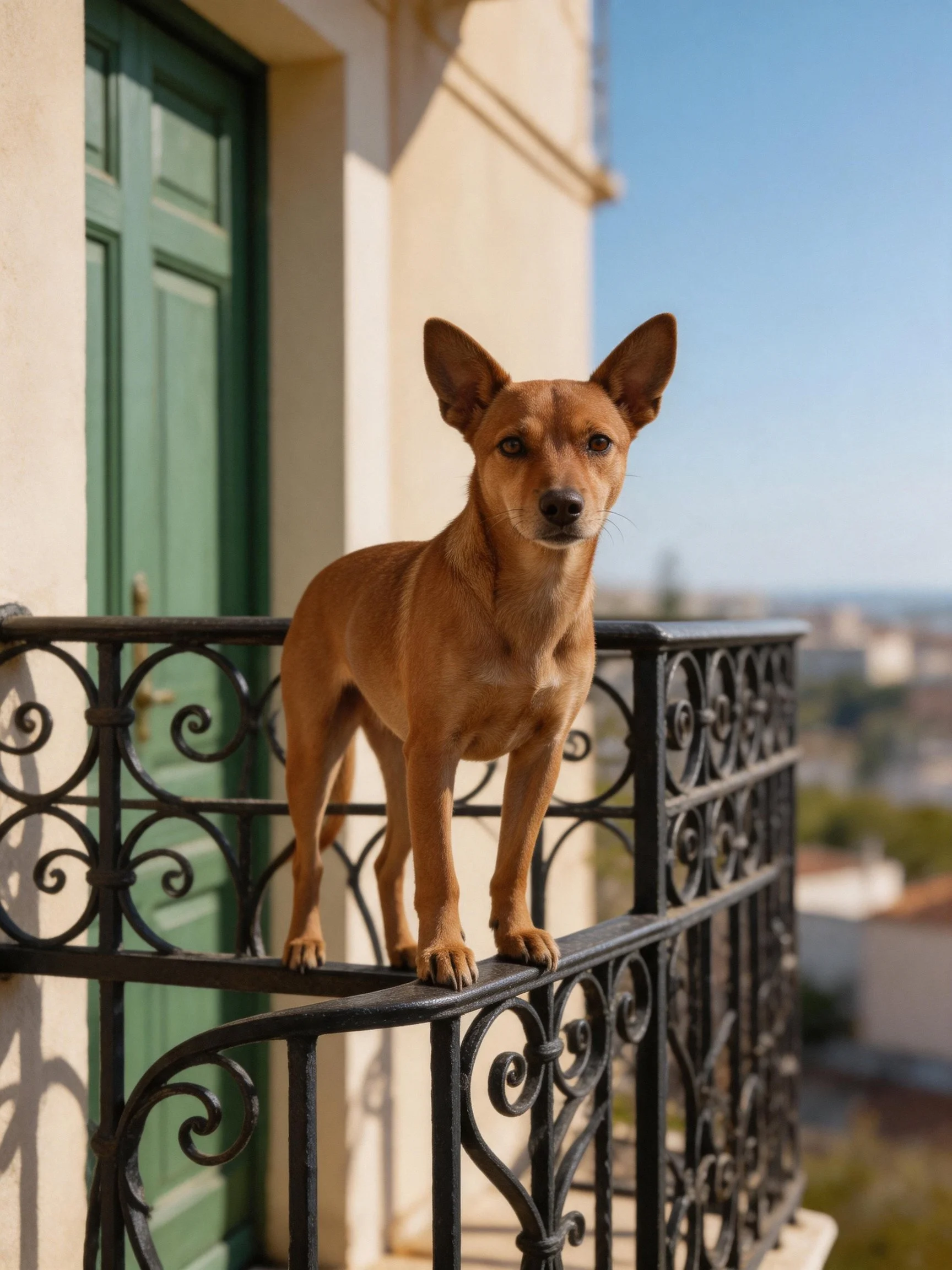A tan dog stands on decorative railings next to a green door in bright daylight