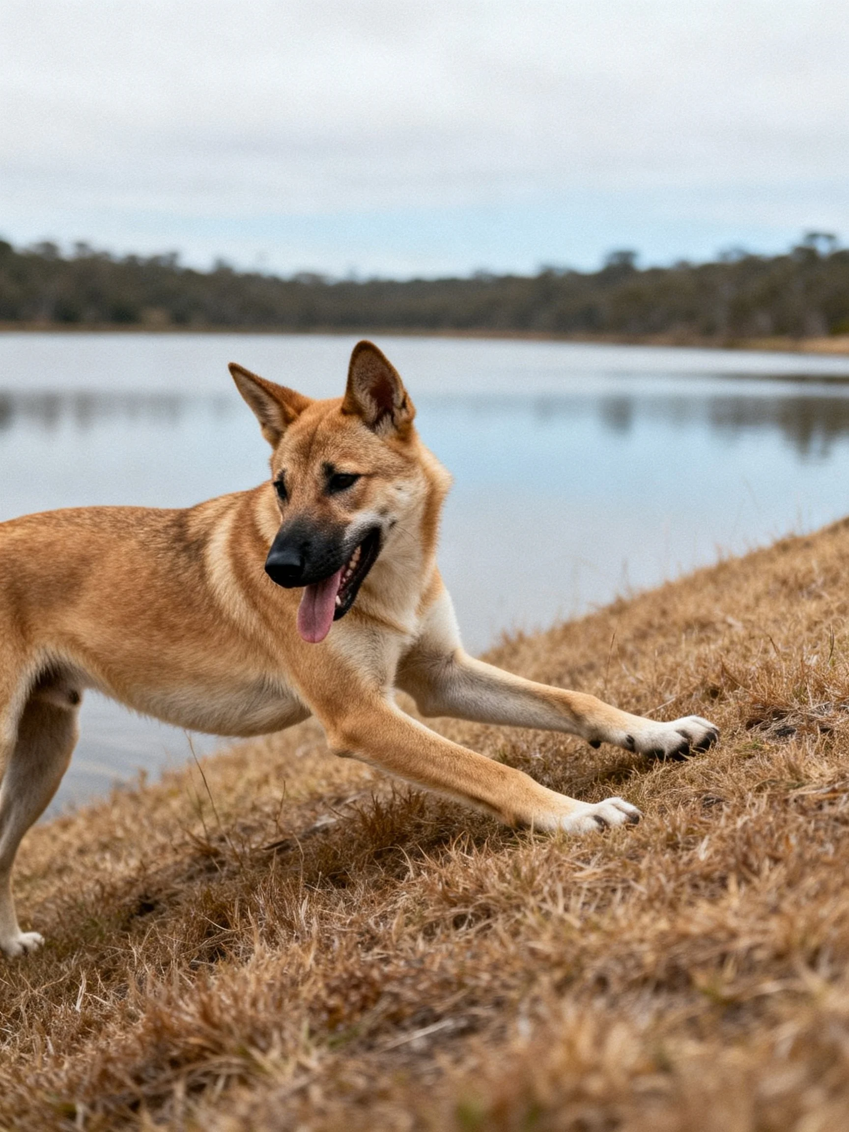 A tan dog stretches toward dry grass by a calm lake