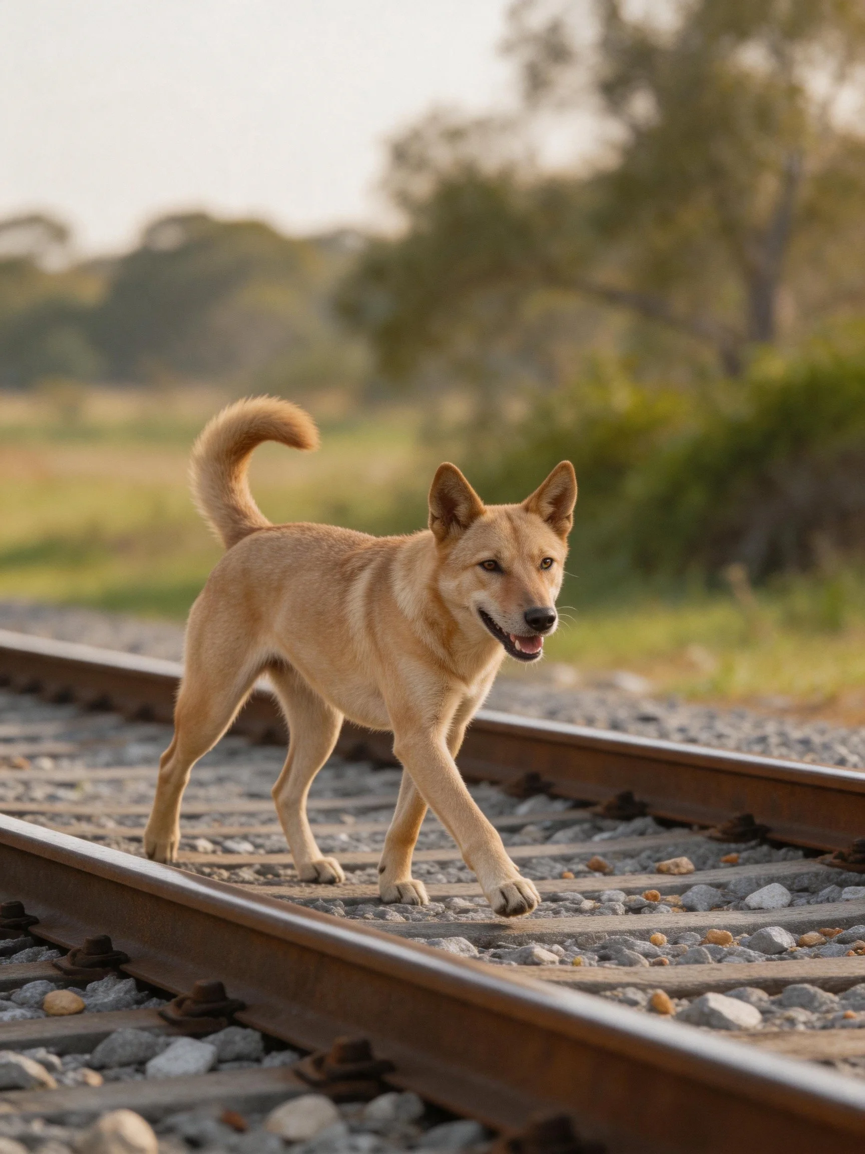 A tan dog crosses railroad tracks in a sunlit area with green surroundings
